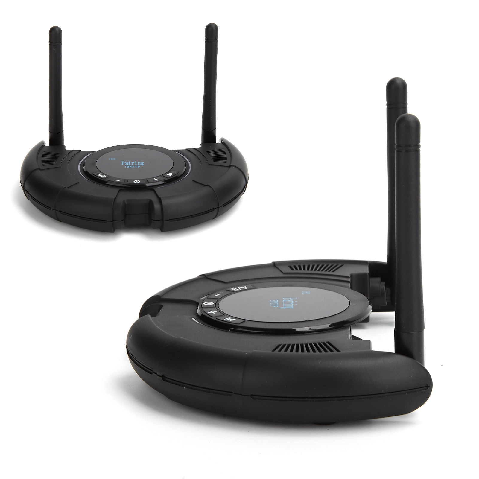 Zwei schwarze drahtlose Audio-Transmitter mit Antennen, einer links, einer rechts.