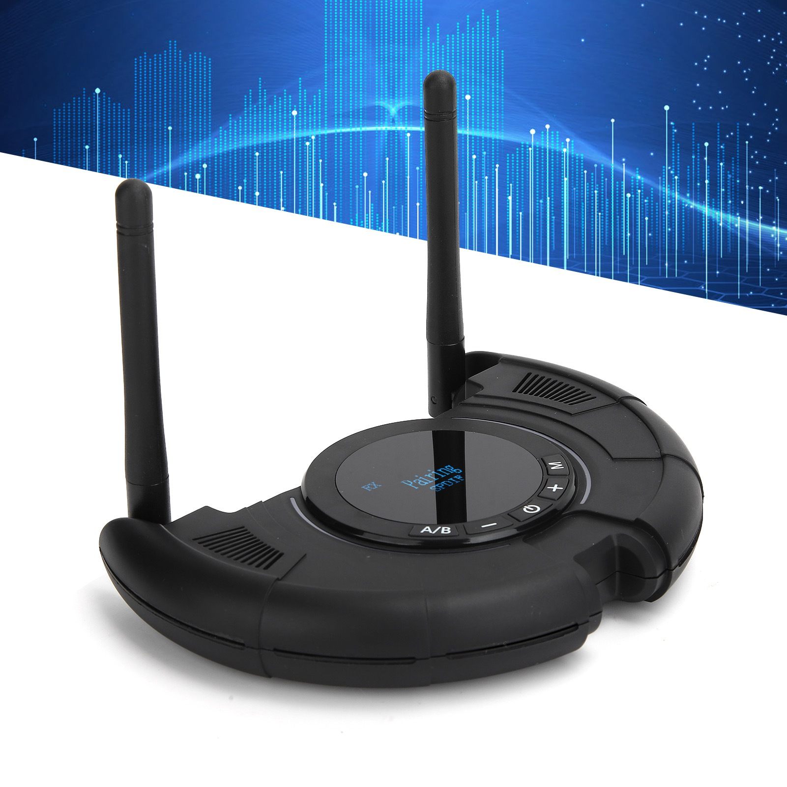 Schwarzer drahtloser Audio-Transmitter mit Antennen, einem Bildschirm und Bedientasten.