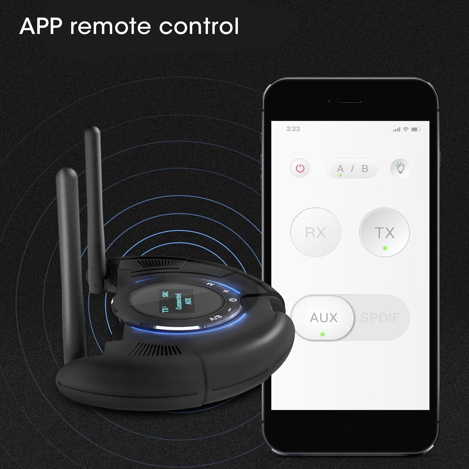 Ein schwarzer Audio-Sender und -Empfänger mit einem Telefon, das die App-Fernbedienungsoberfläche anzeigt.