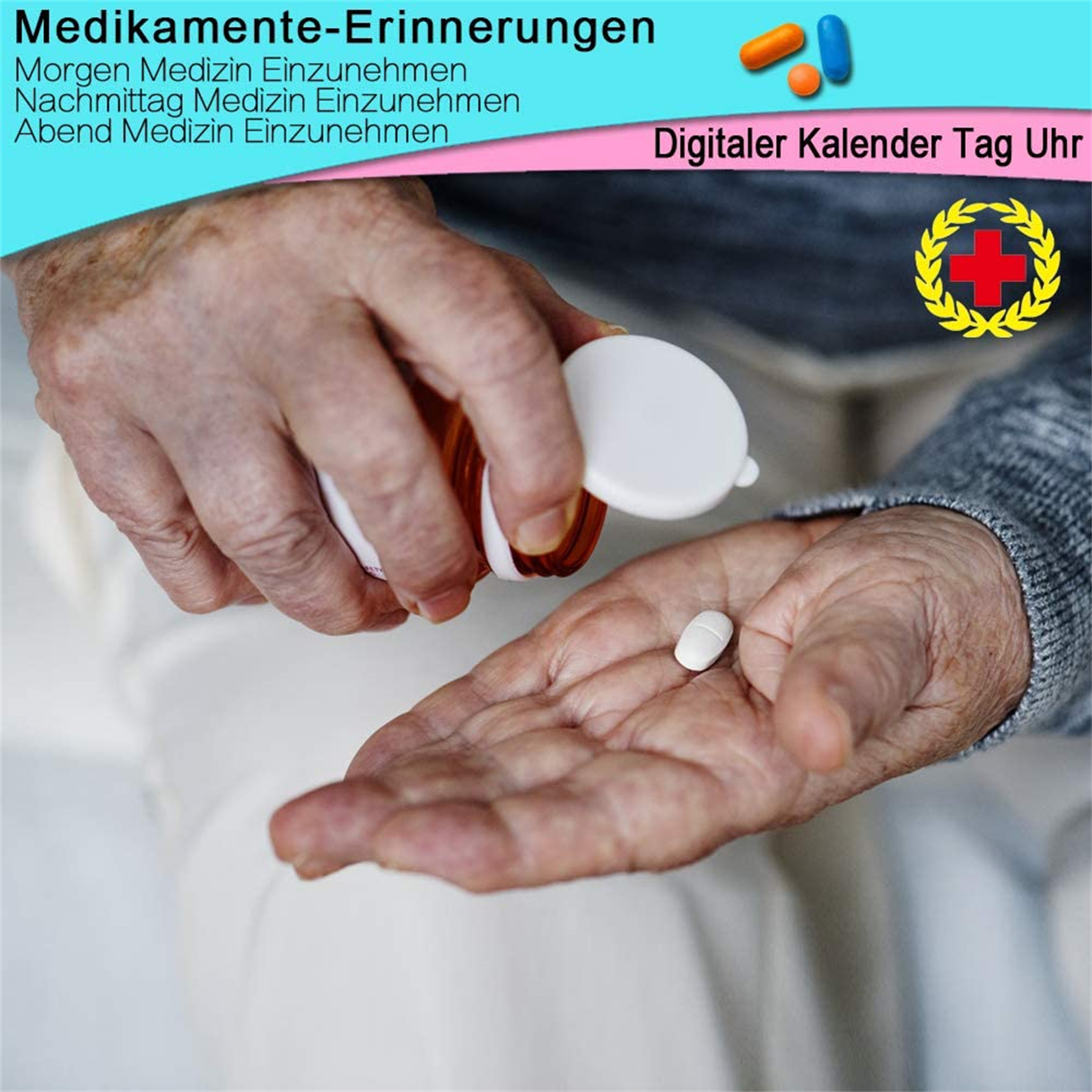 Ältere Hände gießen Pillen aus einer Flasche in eine Handfläche, Text über Medikamente.