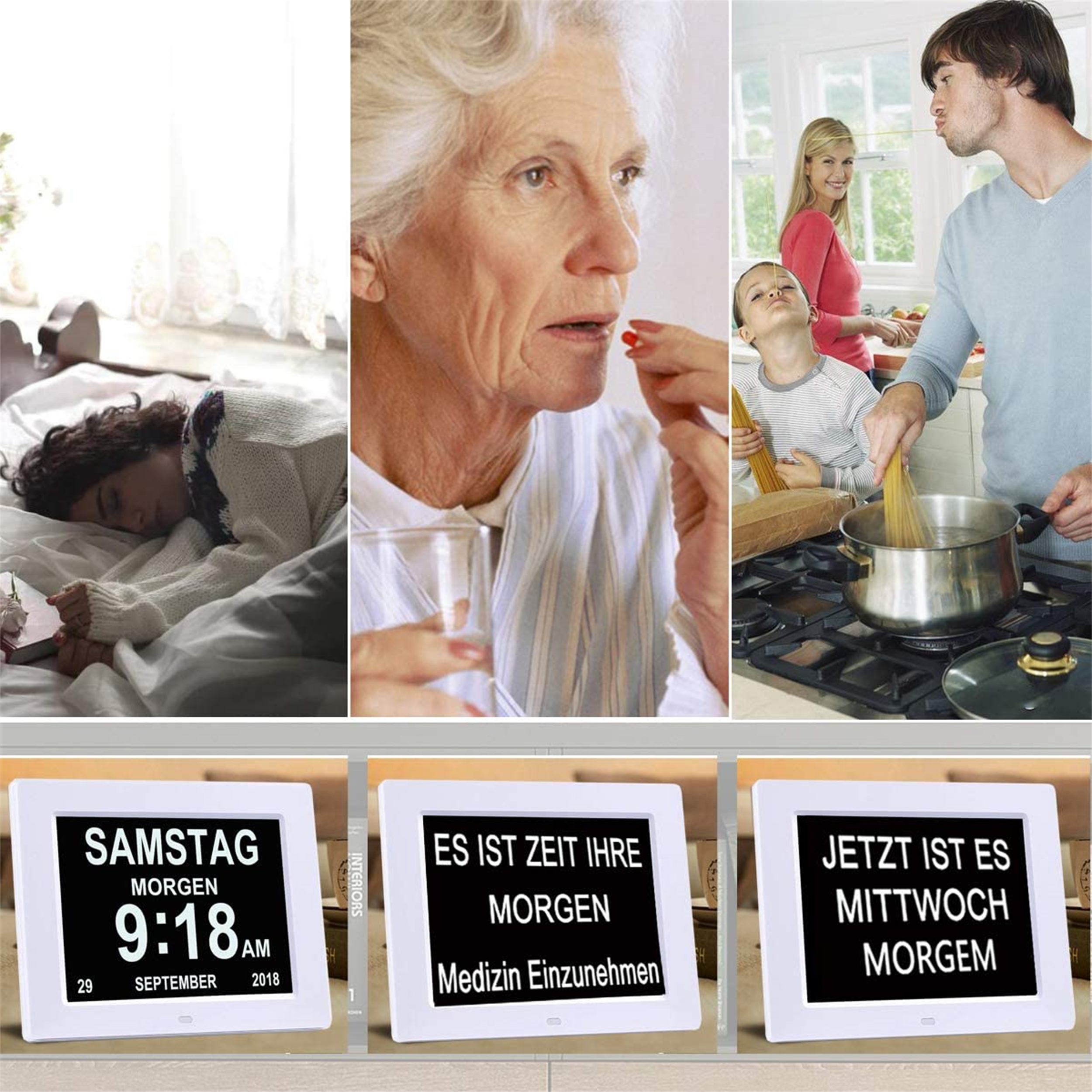 Collage von Bildern. Beinhaltet eine schlafende Frau, eine ältere Frau, die eine Pille nimmt, und eine Familie beim Kochen.