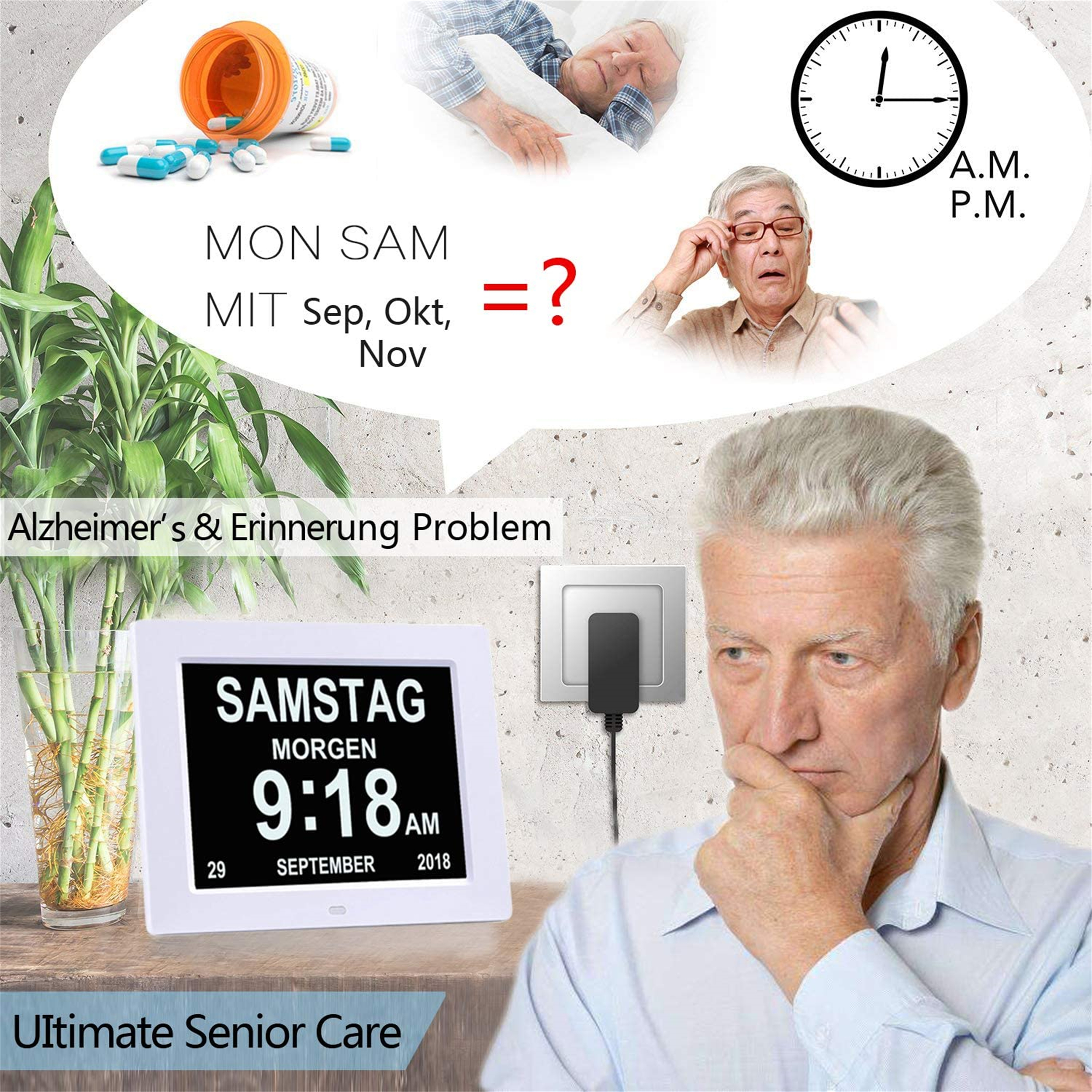 Eine Digitaluhr und ein Mann, der neben einem Schild über Alzheimer und Gedächtnis nachdenkt.