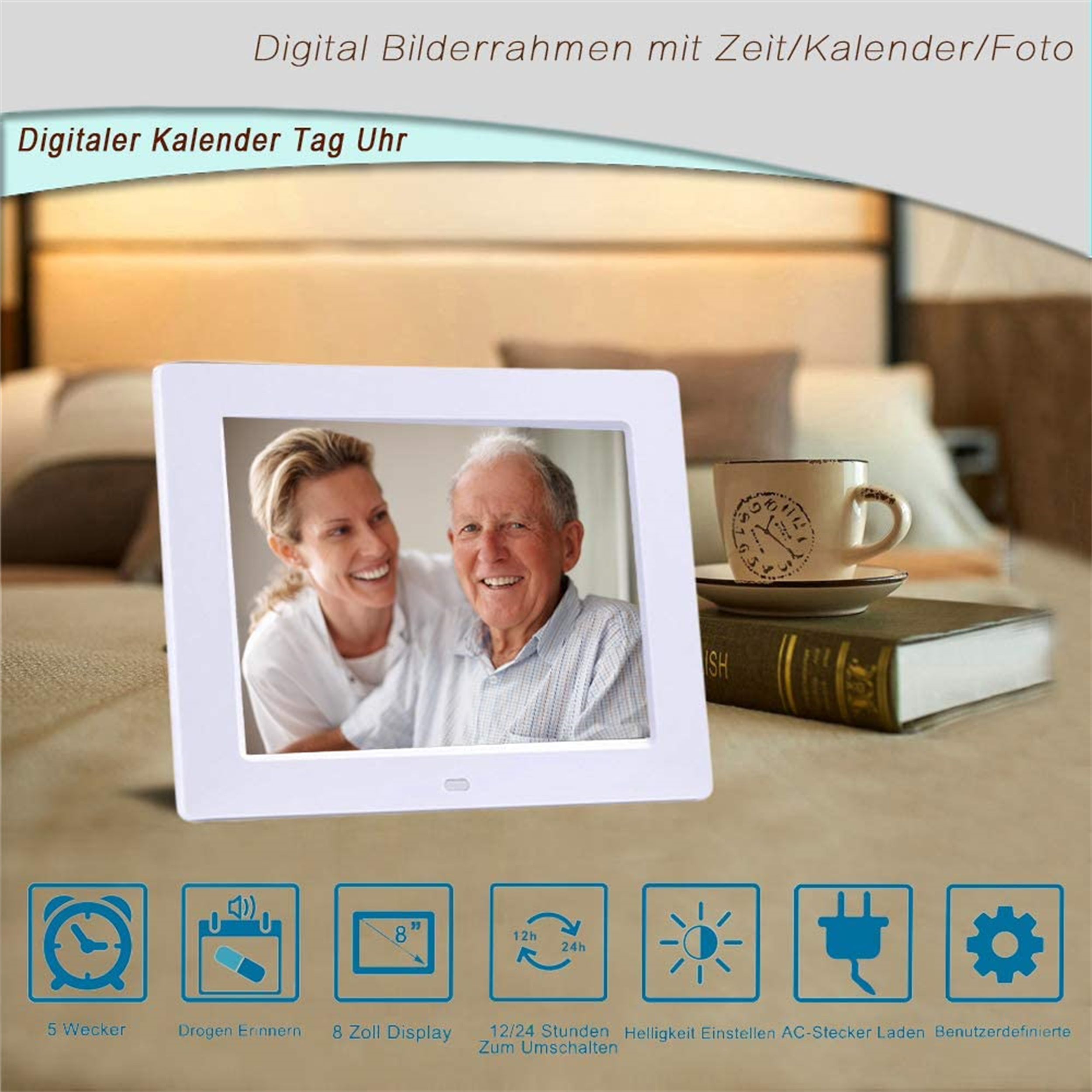 Digitaler Kalender mit Foto eines Paares, darunter Uhr-, Datums- und Alarmsymbole.