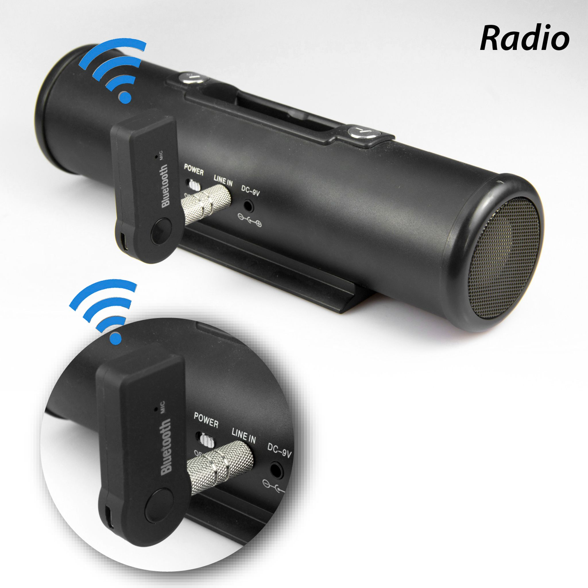 Bluetooth-Adapter an zylinderförmigem Radio angeschlossen. Bluetooth-Symbol ist sichtbar.