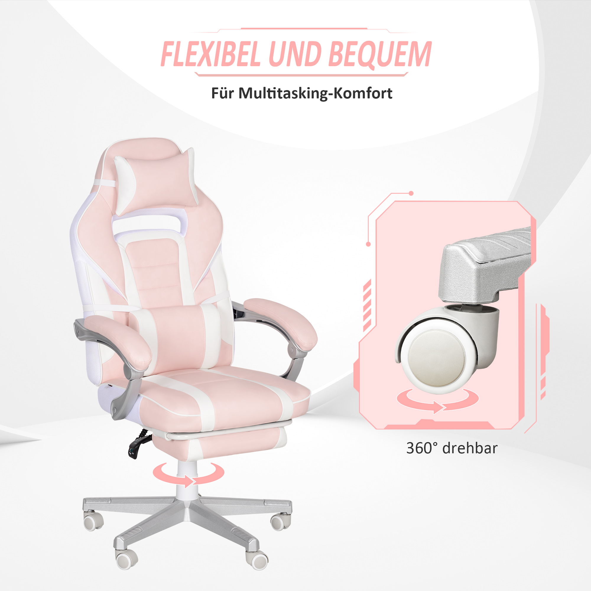 Rosa-weißer Gaming-Stuhl mit Kopfstütze, Armlehnen und Fünf-Sterne-Fuß.