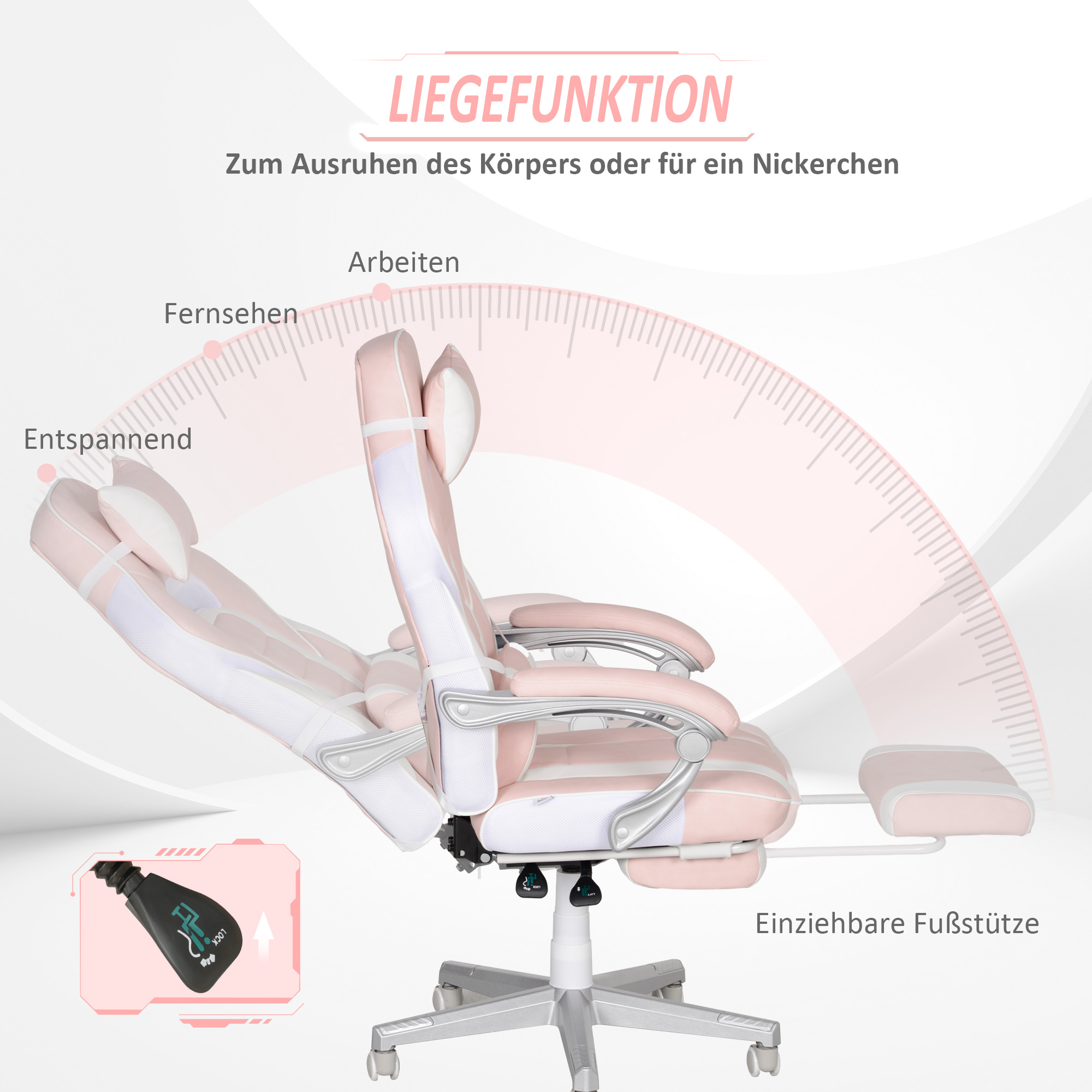 Ein rosa ergonomischer Gaming-Stuhl mit verstellbaren Funktionen und Fußstütze.