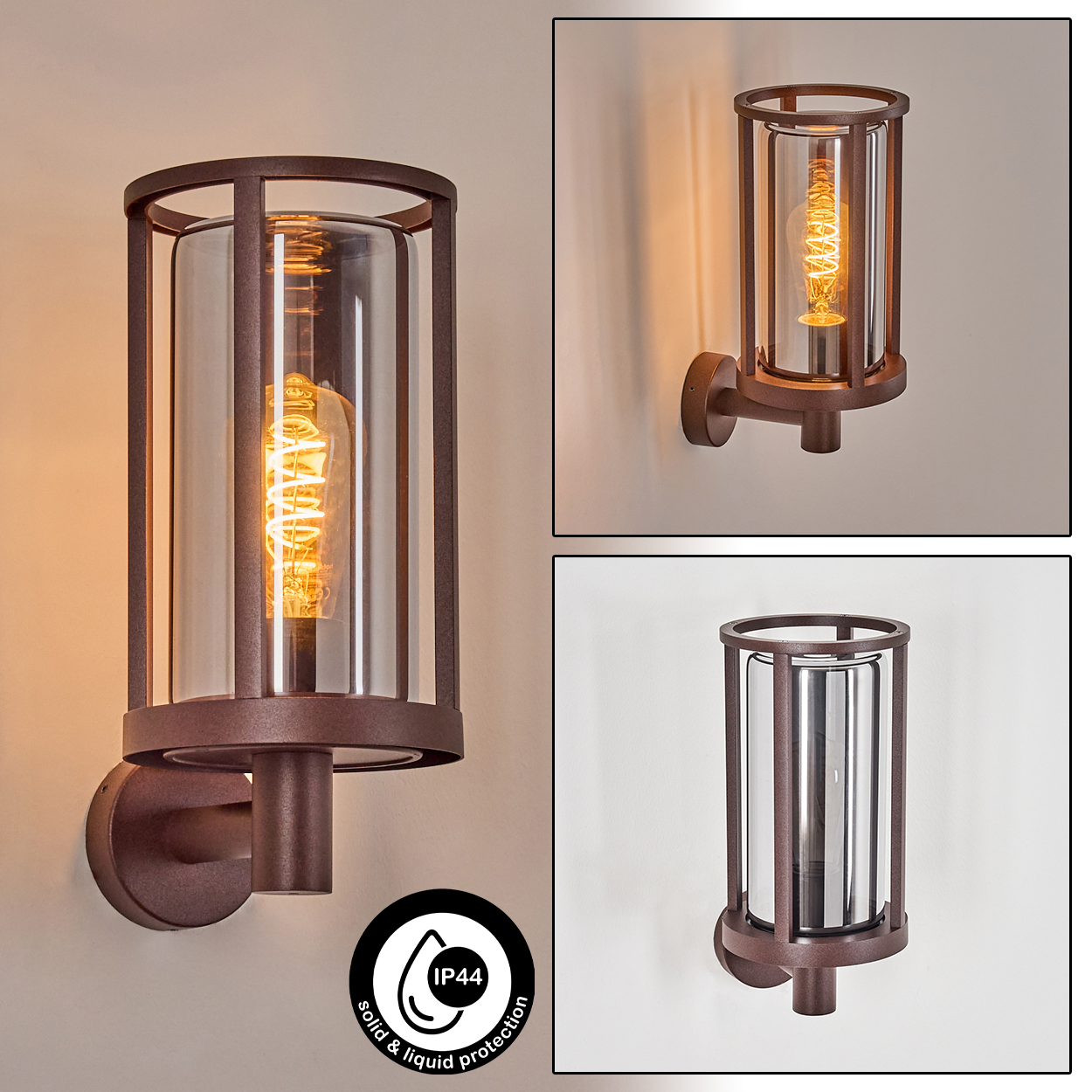 Drei Wandleuchten mit klarem zylindrischem Glas und braunem Metallrahmen, mit Edison-Glühbirne.