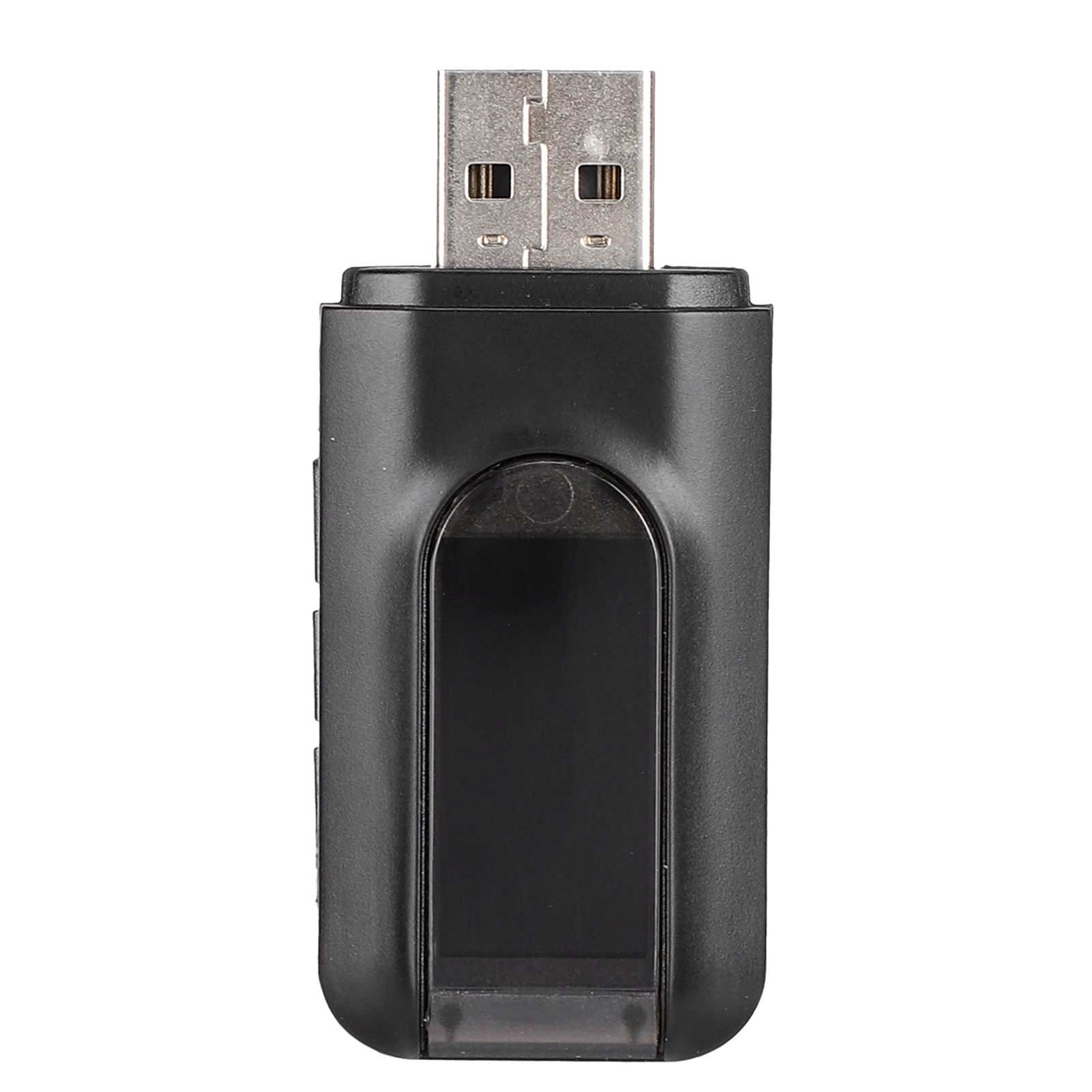 Ein schwarzes USB-Gerät mit transparentem Abschnitt und USB-Anschluss.