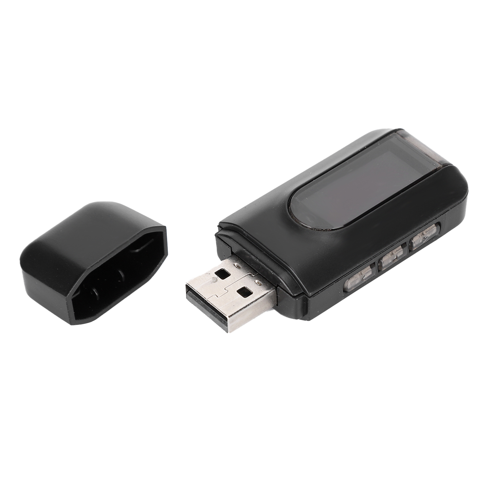 Ein schwarzes USB-Gerät mit transparentem Abschnitt und offener Kappe.