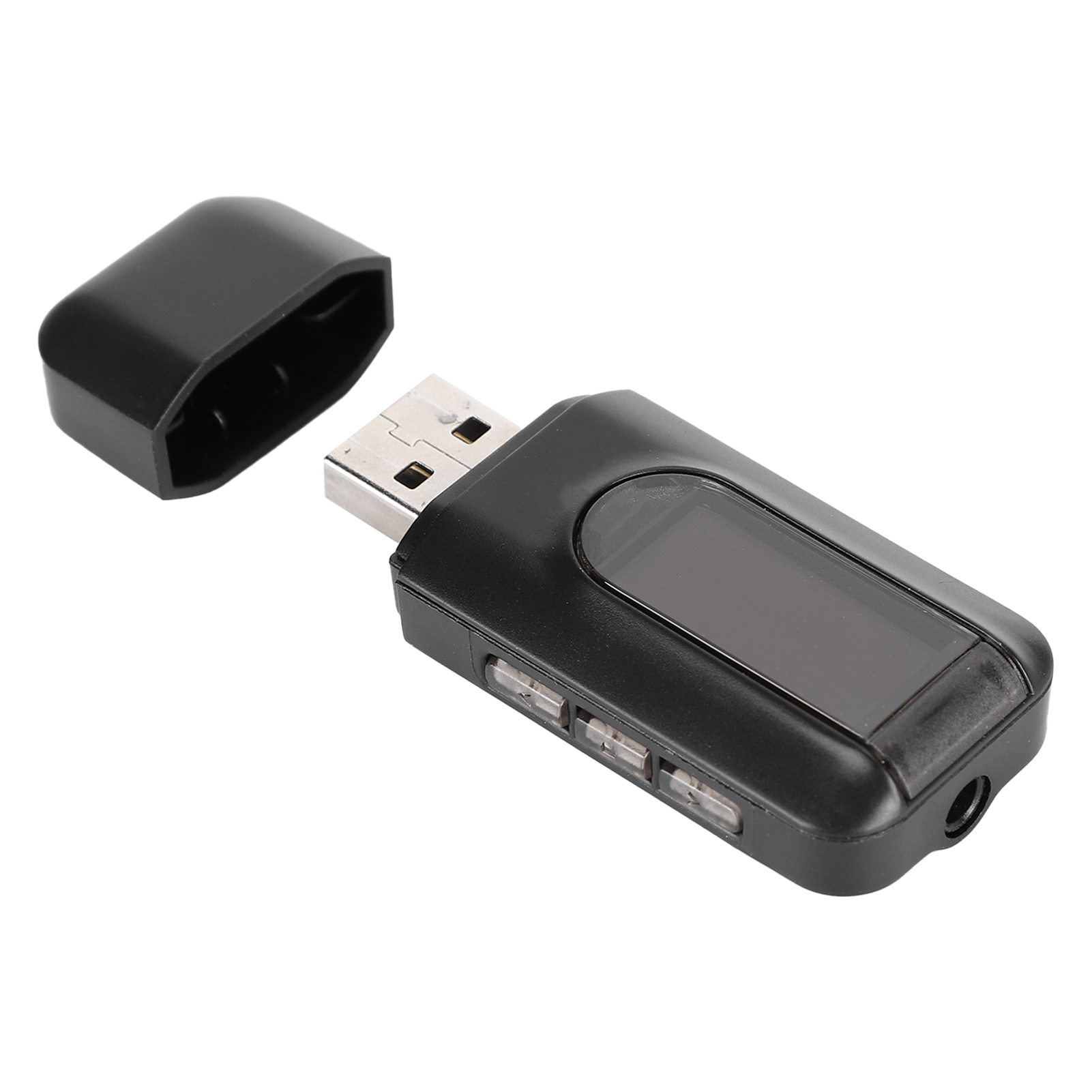 Schwarzes USB-Gerät mit transparentem Abschnitt und offener Kappe. Mit Tasten.