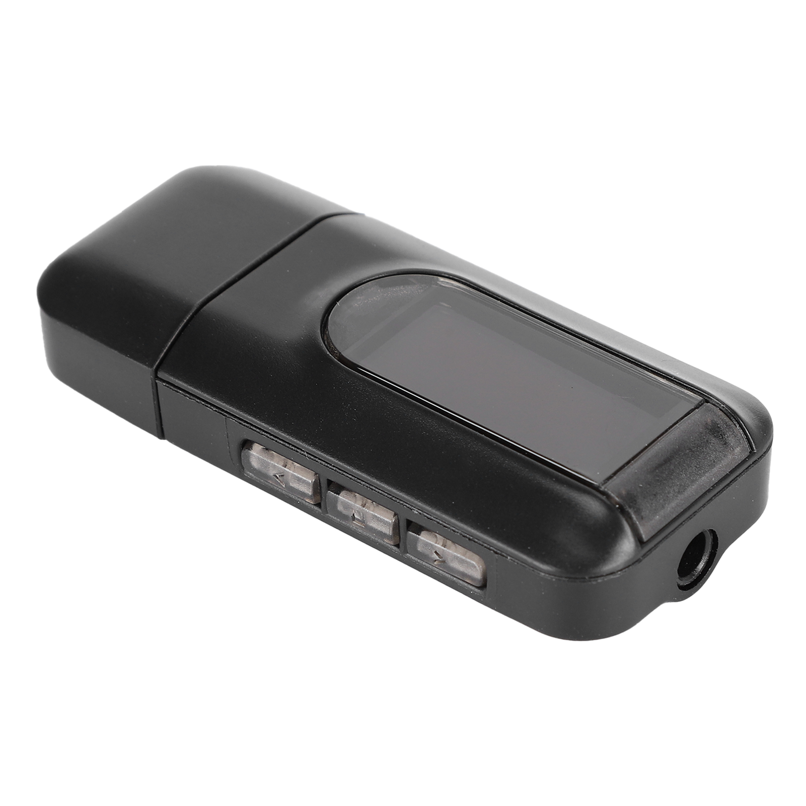 Schwarzes USB-Gerät mit transparentem Abschnitt und Knöpfen.