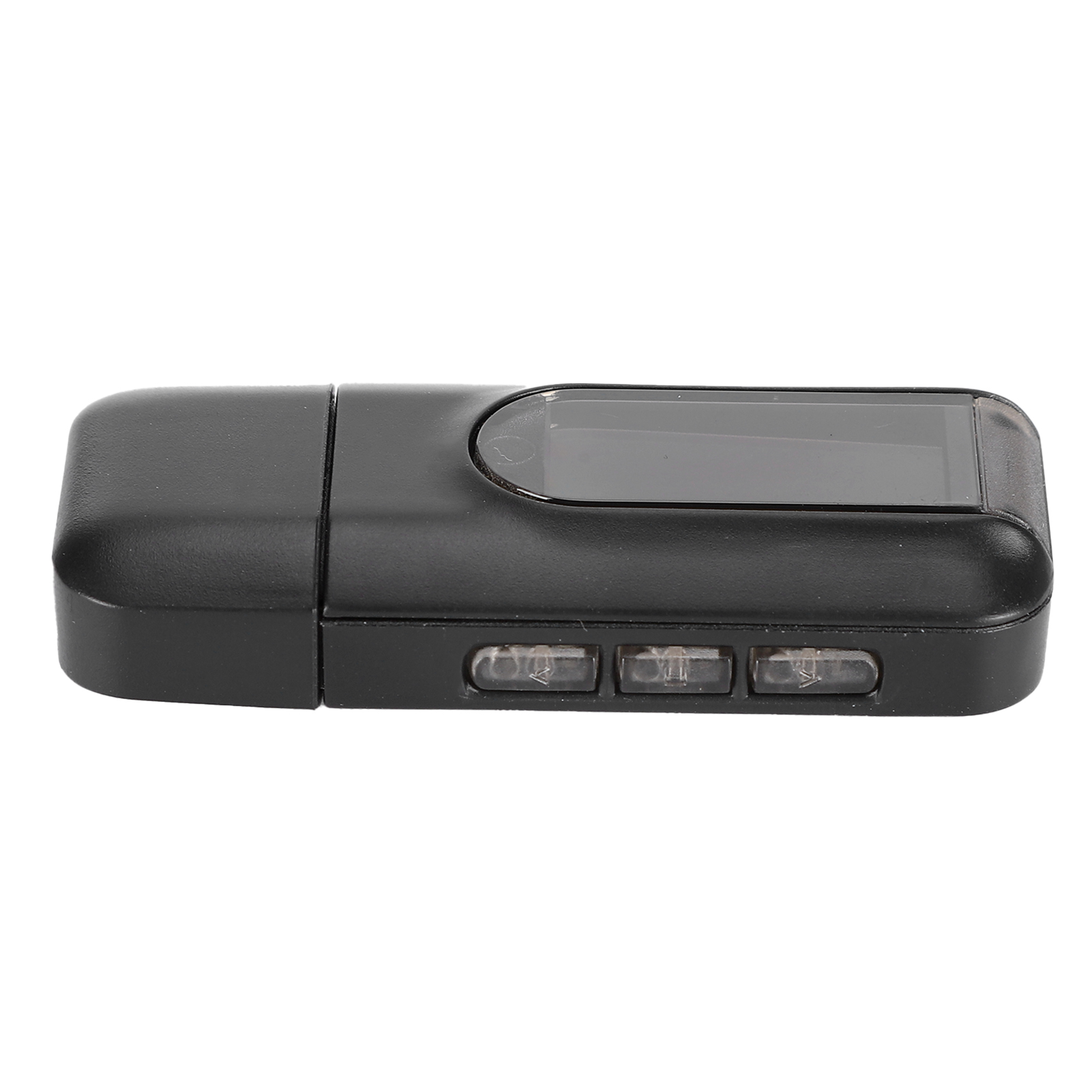 Ein schwarzes USB-Gerät mit transparentem Abschnitt und Knöpfen.