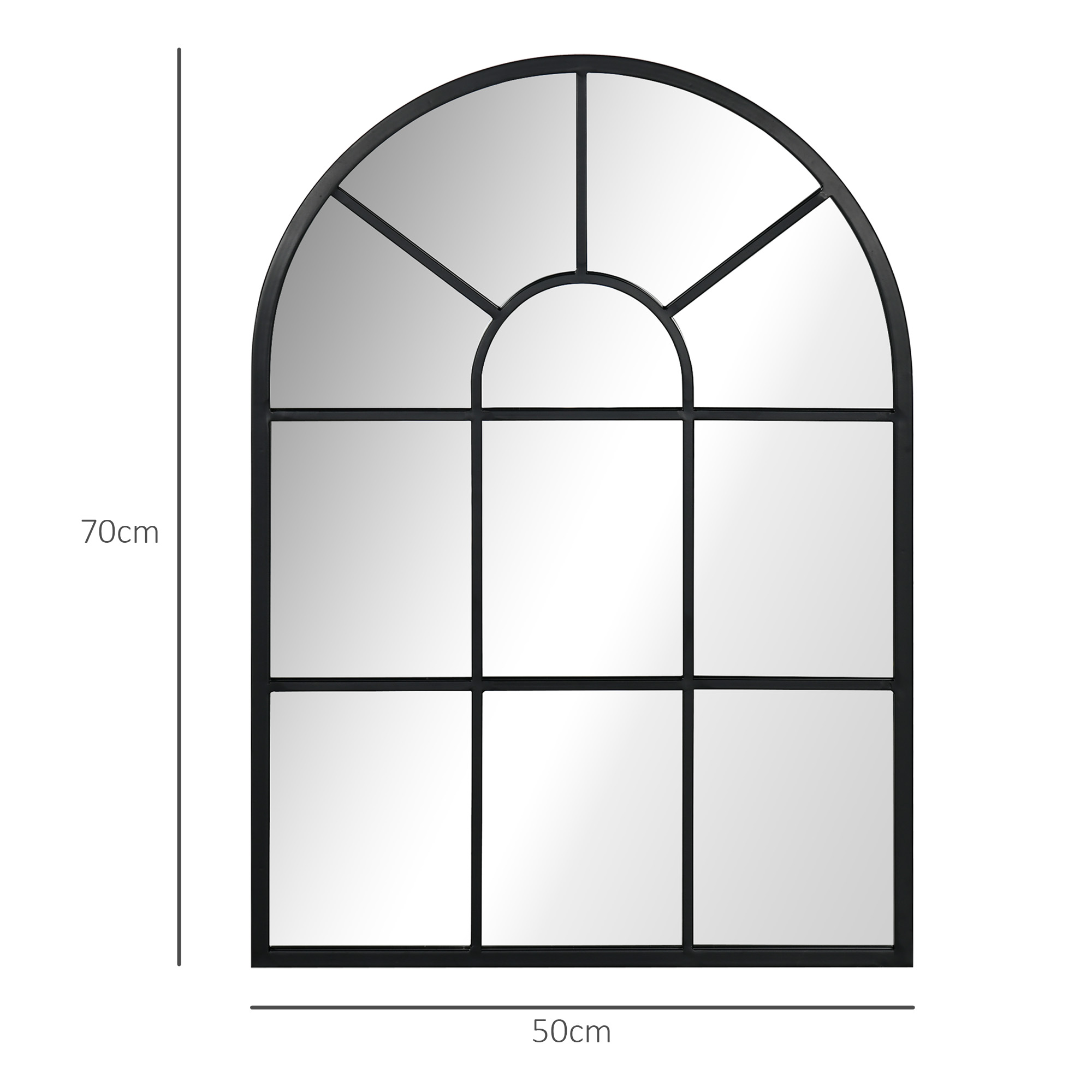 Un espejo negro arqueado con dimensiones. Las dimensiones son 70 cm de alto y 50 cm de ancho.