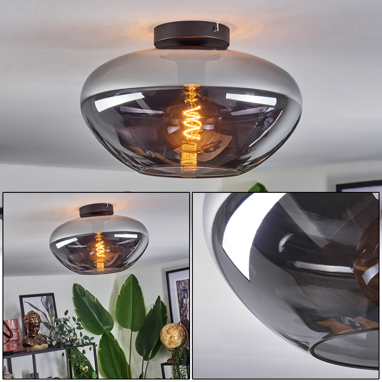 Nahaufnahme einer runden, schwarzen Deckenlampe mit einem Rauchglasschirm, mit einer sichtbaren Glühbirne im Inneren.