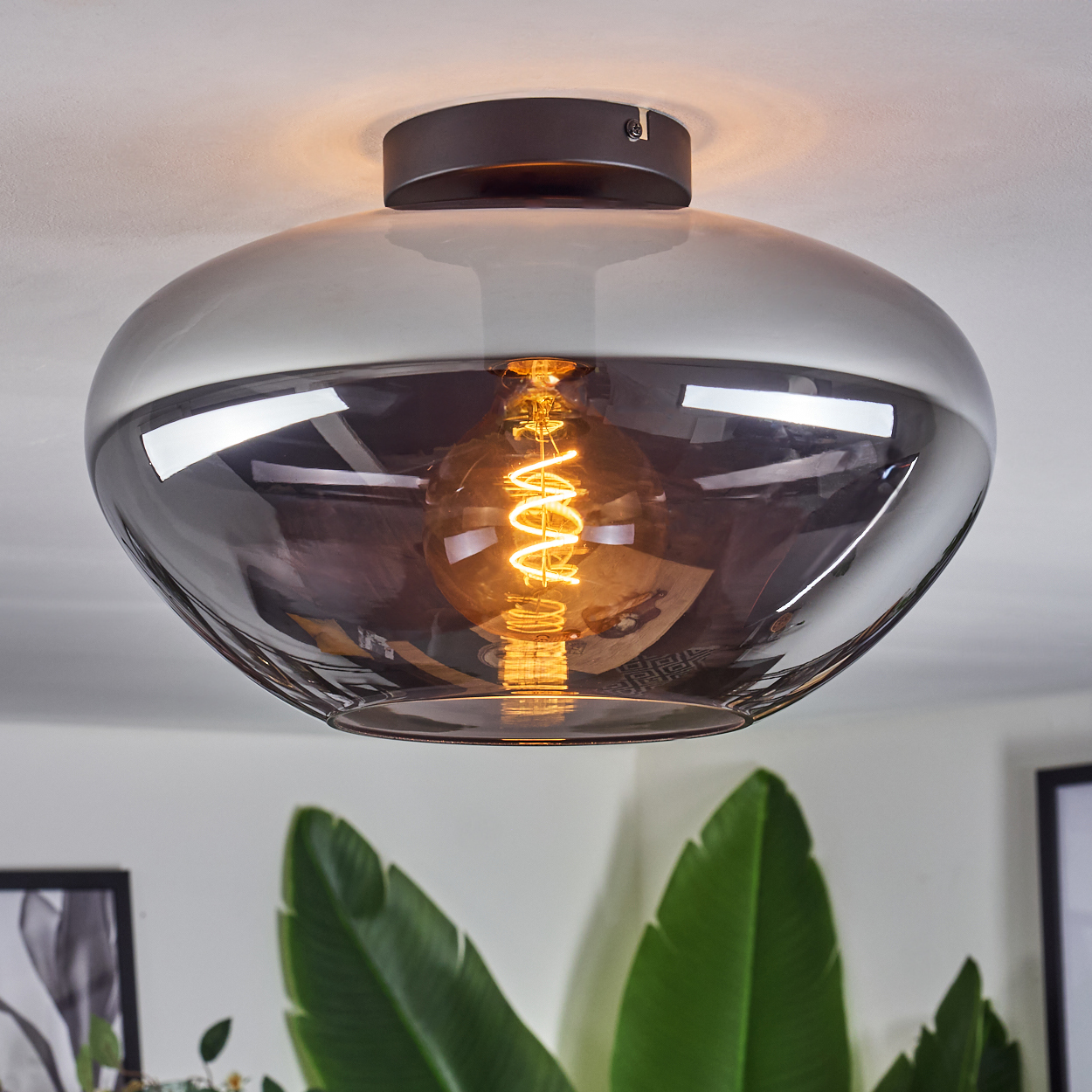 Eine Deckenlampe mit grauem Glasschirm und sichtbarer Glühbirne. Die Birne ist beleuchtet.