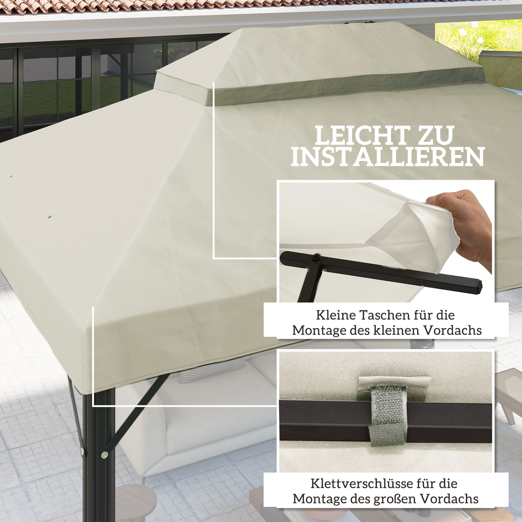 Nahaufnahme eines Pavillons, die das Dach mit Anweisungen und Nahaufnahmen von Installationsdetails zeigt: Gurte und Klettverschluss.