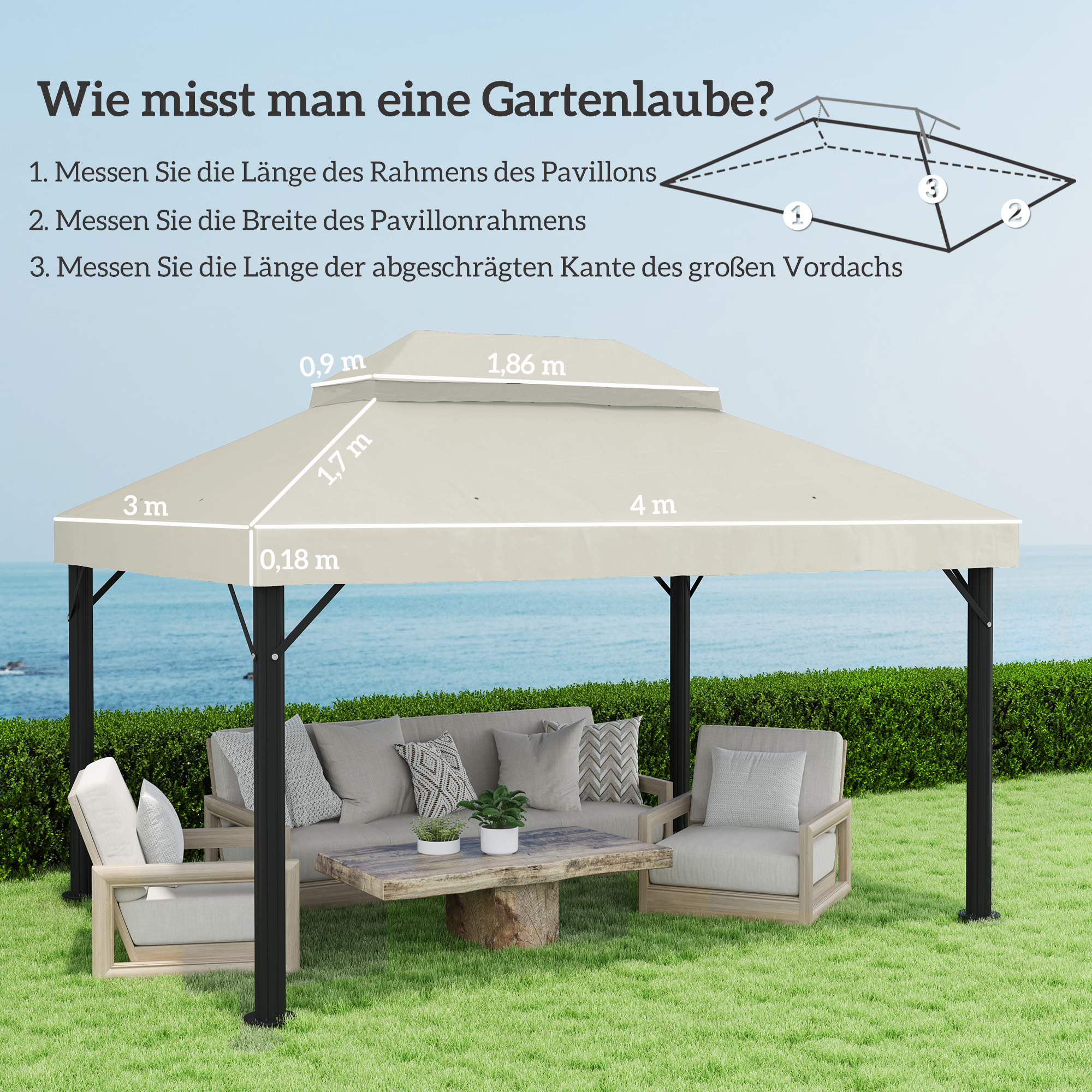 Ein Pavillon mit den angegebenen Abmessungen. Der Pavillon ist beige mit schwarzem Rahmen. Er befindet sich in einer Gartenszene.