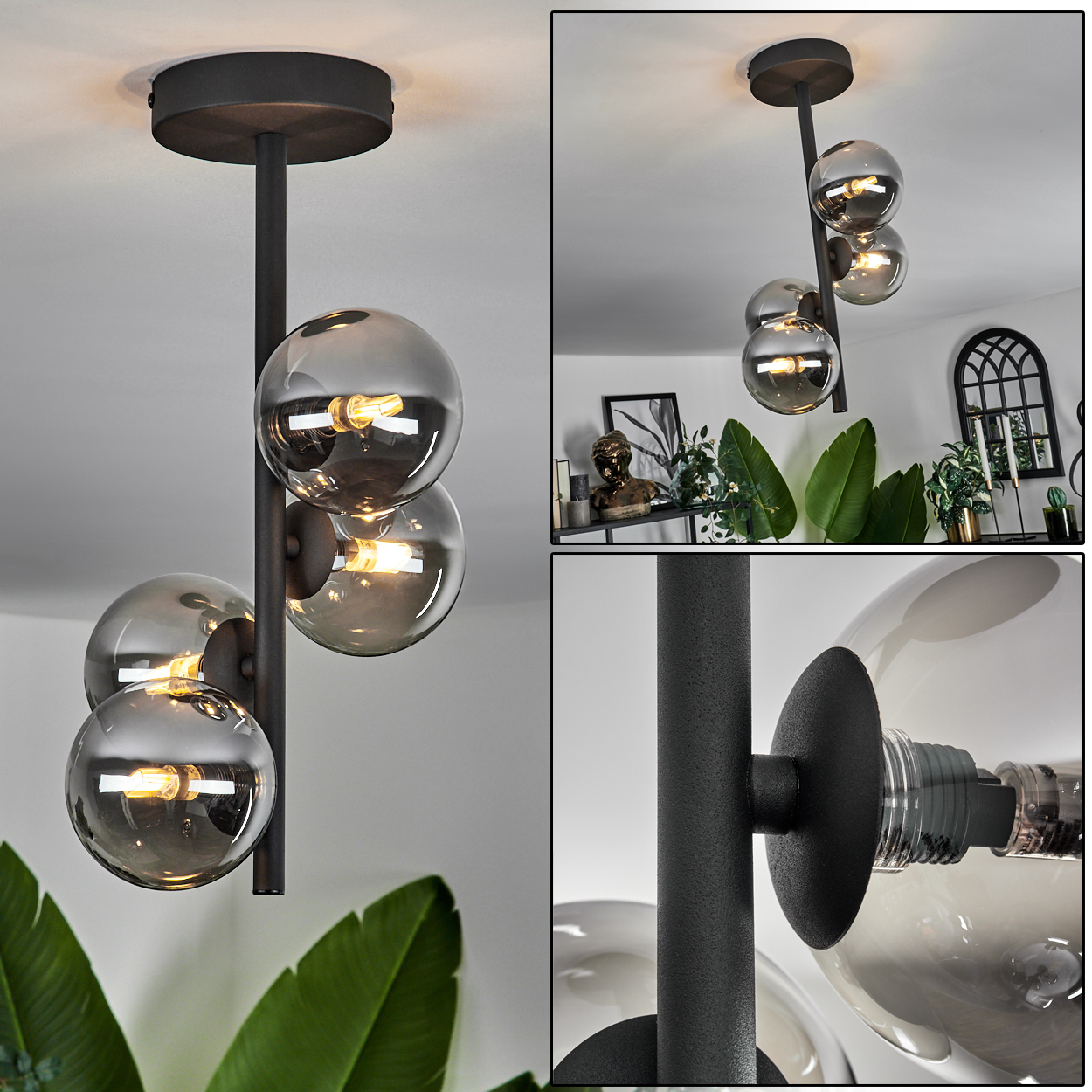 Mehrere Bilder einer schwarzen Lampe mit Glaskugelbirnen. Der Hintergrund umfasst eine Wand und Pflanzen.