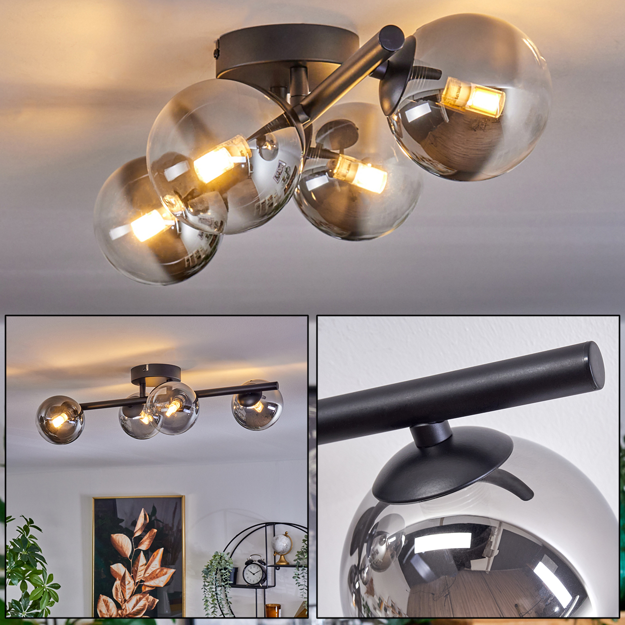 Deckenleuchte mit vier Glaskugellampen, Nahaufnahme der Lampen.