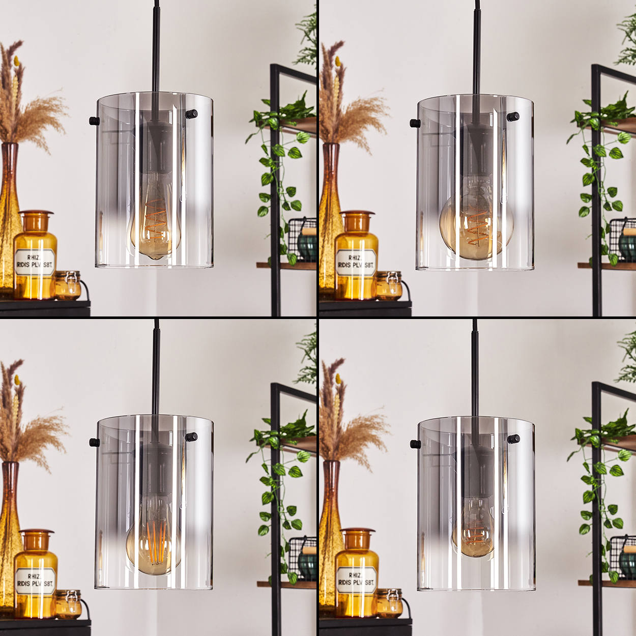 Ein sich wiederholendes Muster von Lampen. Jede Lampe hat eine Glühbirne in einem Glaszylinder und schwarzer Halterung.