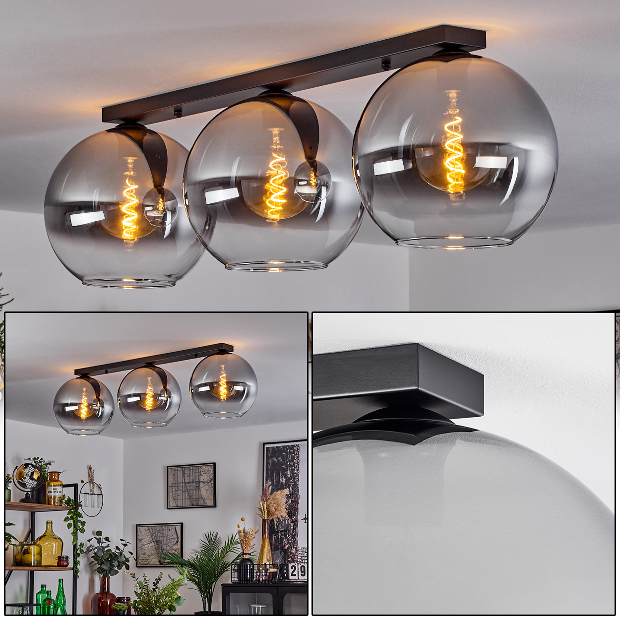 Drei Pendelleuchten mit Glasschirmen und warmen Glühbirnen hängen von einer schwarzen Stange an der Decke.