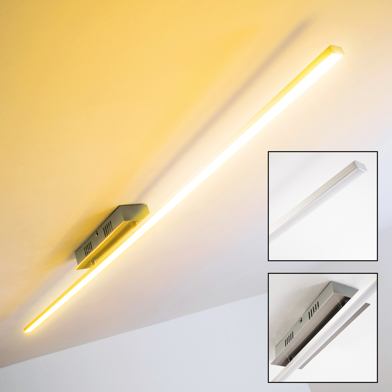 Eine lange, rechteckige LED-Leuchte ist an einer weißen Decke montiert. Zwei Ansichten zeigen Details.