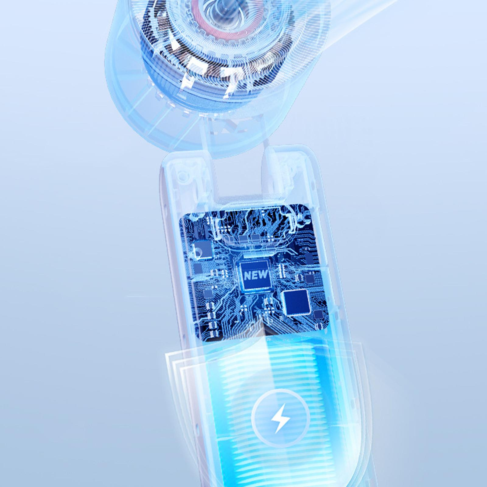 Eine Innenansicht eines Handventilators, die die Platine und das Batteriefach zeigt.