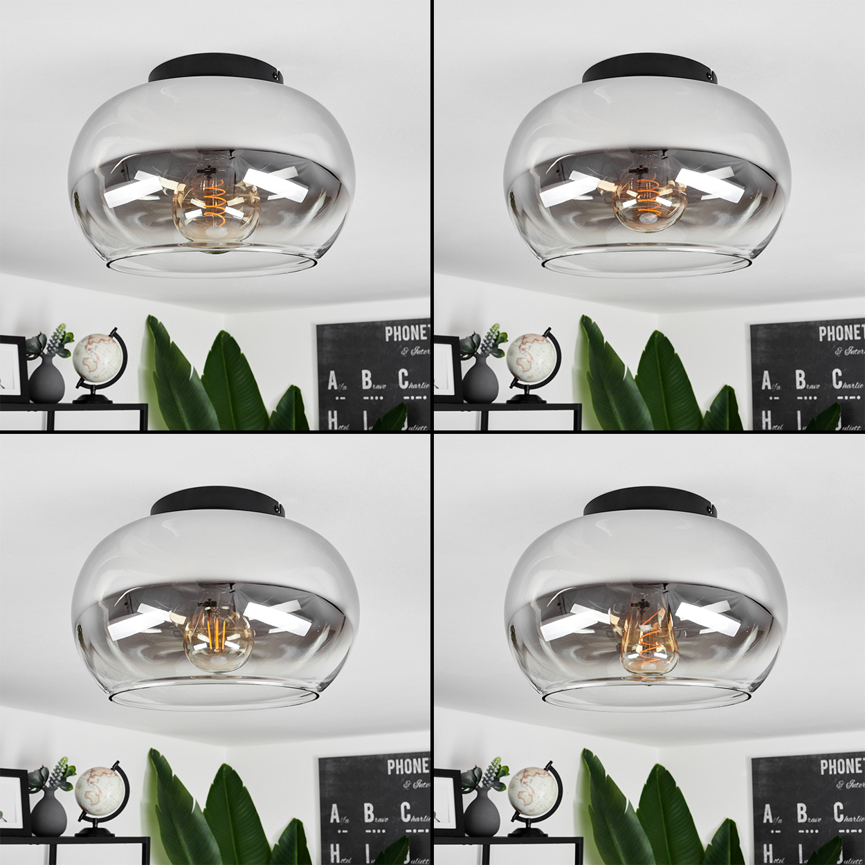 Vier Bilder einer Lampe mit weißem Oberteil und Glaskugel, die die Glühbirne zeigt.