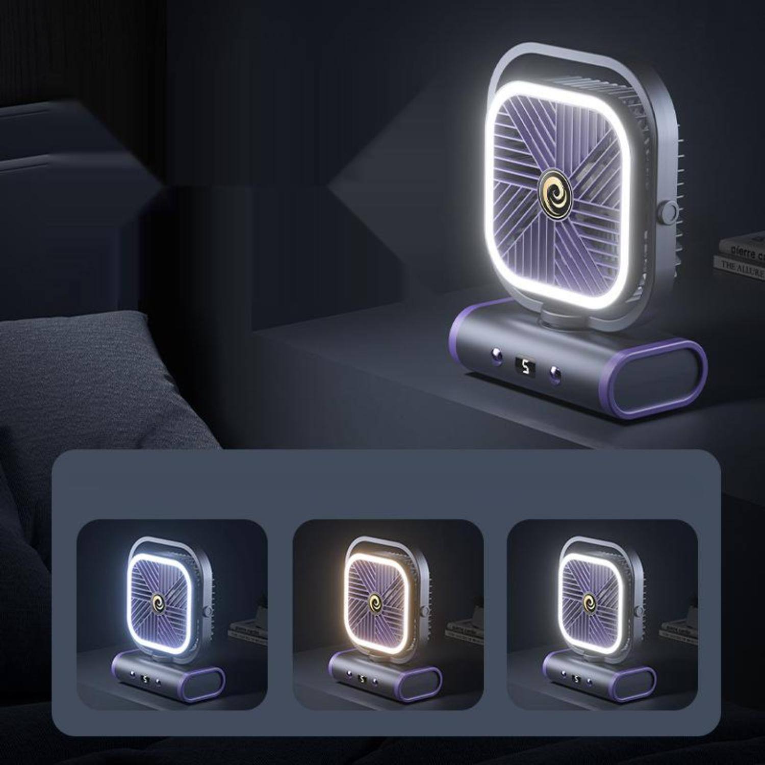 Ein quadratischer Ventilator auf einer Oberfläche, beleuchtet, mit Optionen unten: lila, gelb und weiß.