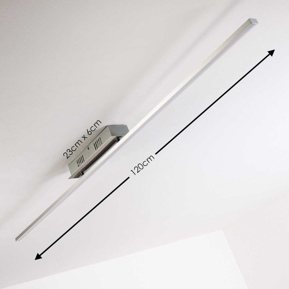 Eine lange, lineare Deckenleuchte mit einer Messung von 120 cm und einem Sockel von 23 cm x 6 cm.