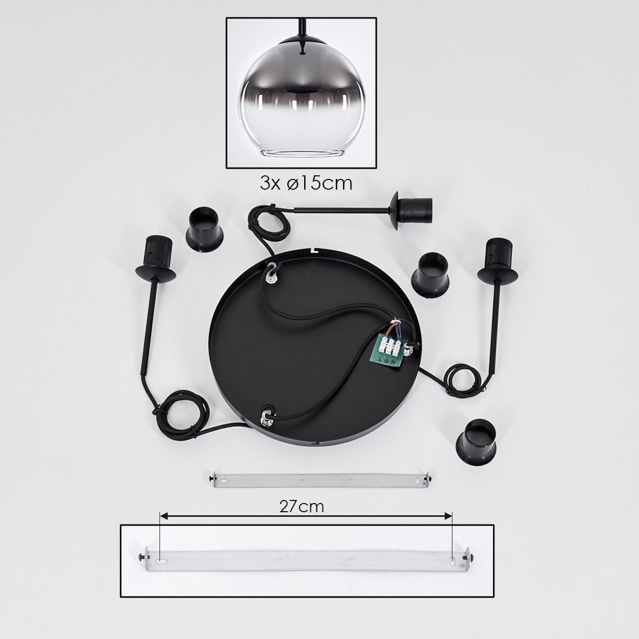 Eine zerlegte Lampe mit schwarzem kreisförmigen Sockel, zwei Lampen und einem Glasschirm. Ein Diagramm zeigt die Abmessungen.