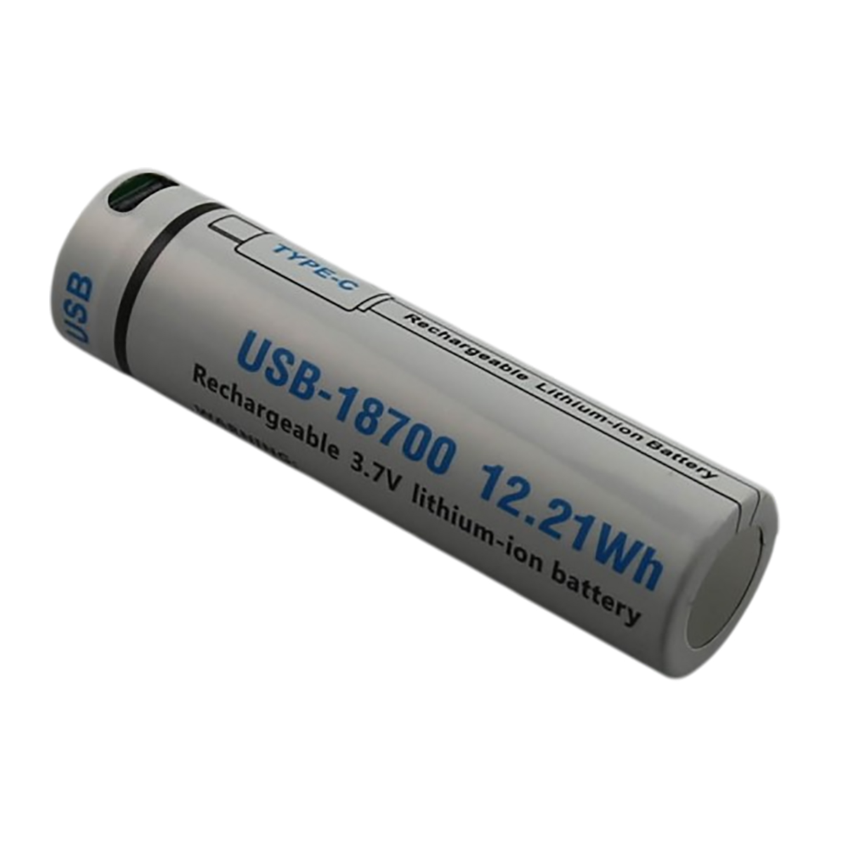 Una batteria grigia cilindrica con l'etichetta USB-18700. Ha i marchi USB e Type-C.