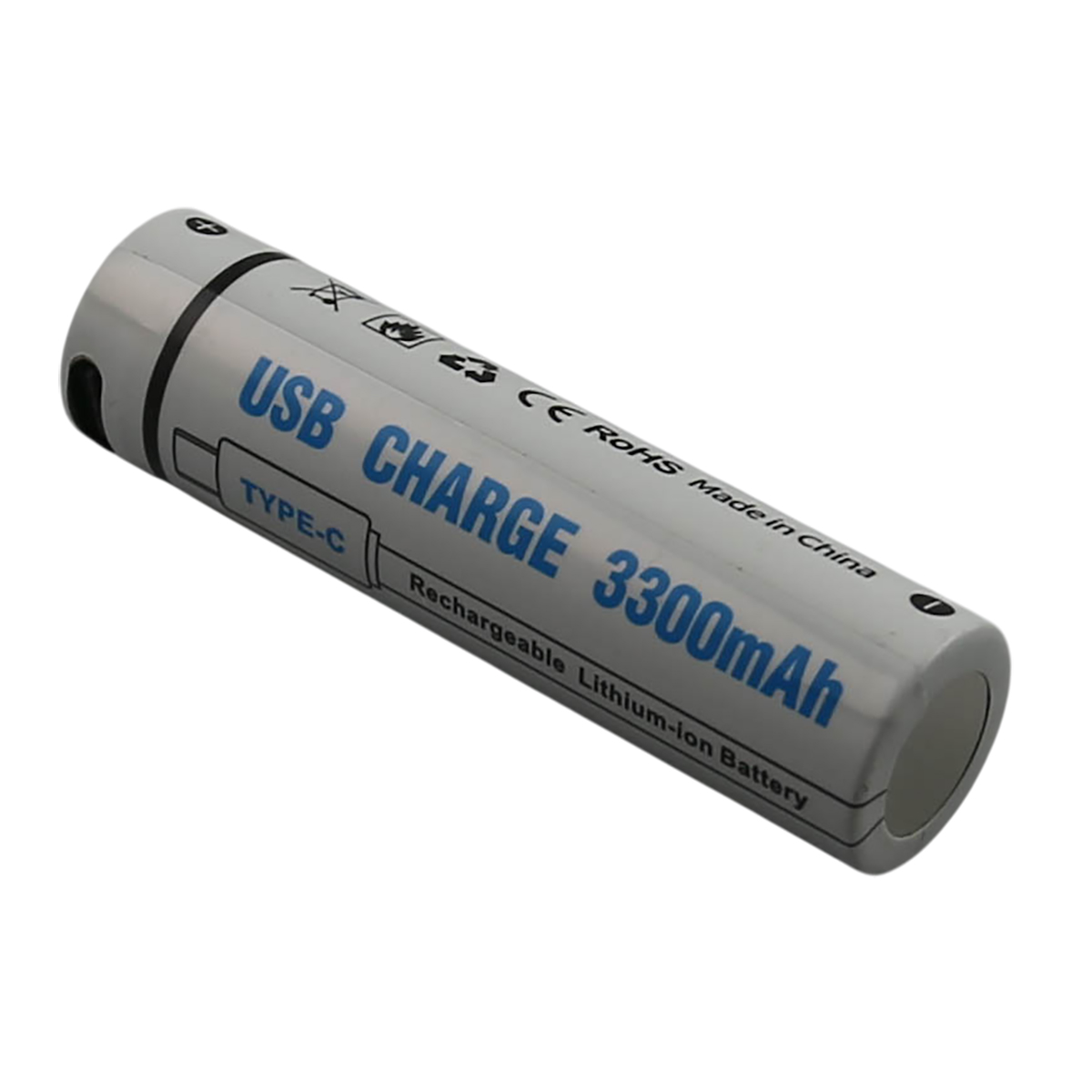Una batteria ricaricabile cilindrica bianca con testo blu "USB CHARGE" e simboli di sicurezza su sfondo bianco.