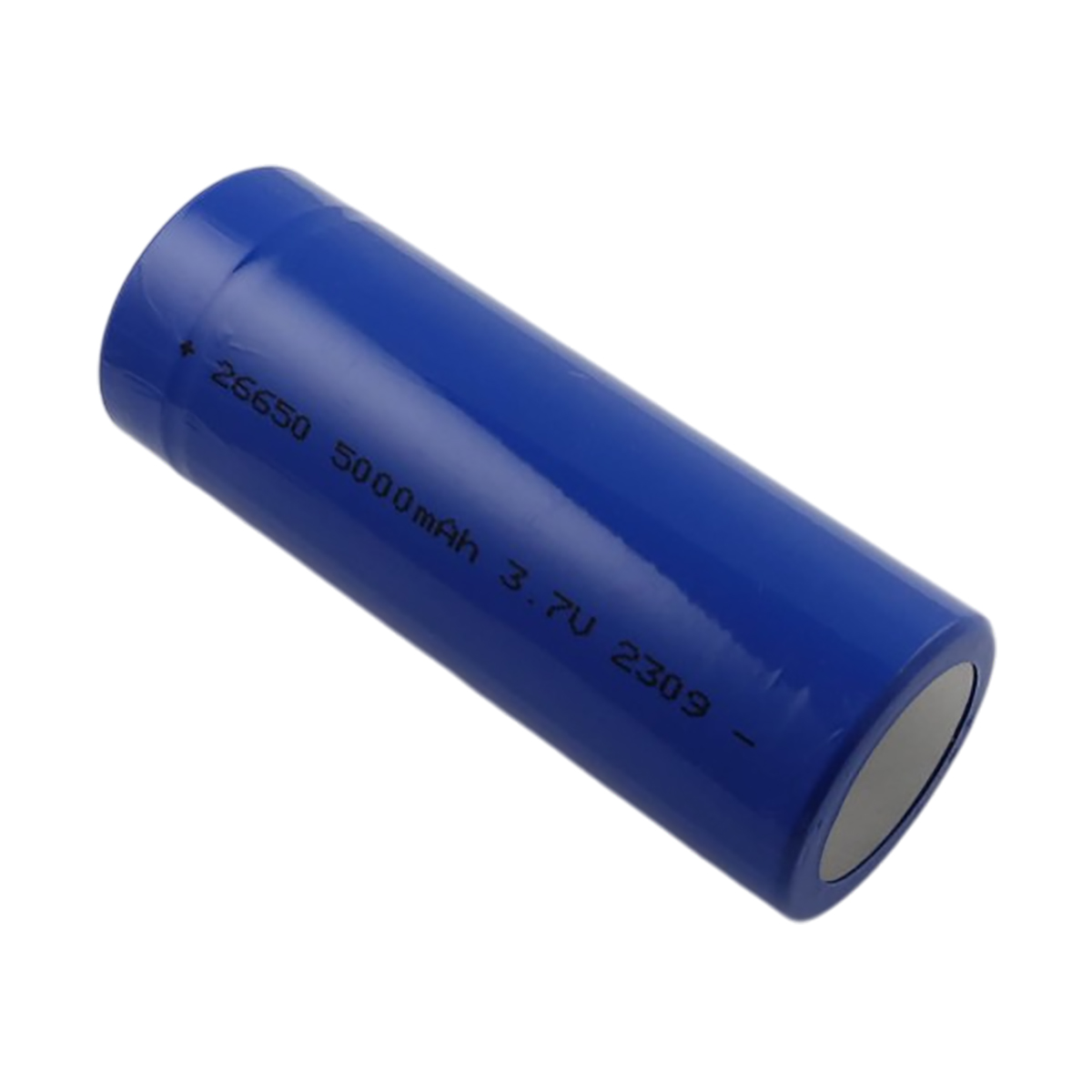 Batteria cilindrica blu con testo bianco su sfondo bianco. Indicatori positivo e negativo visibili.