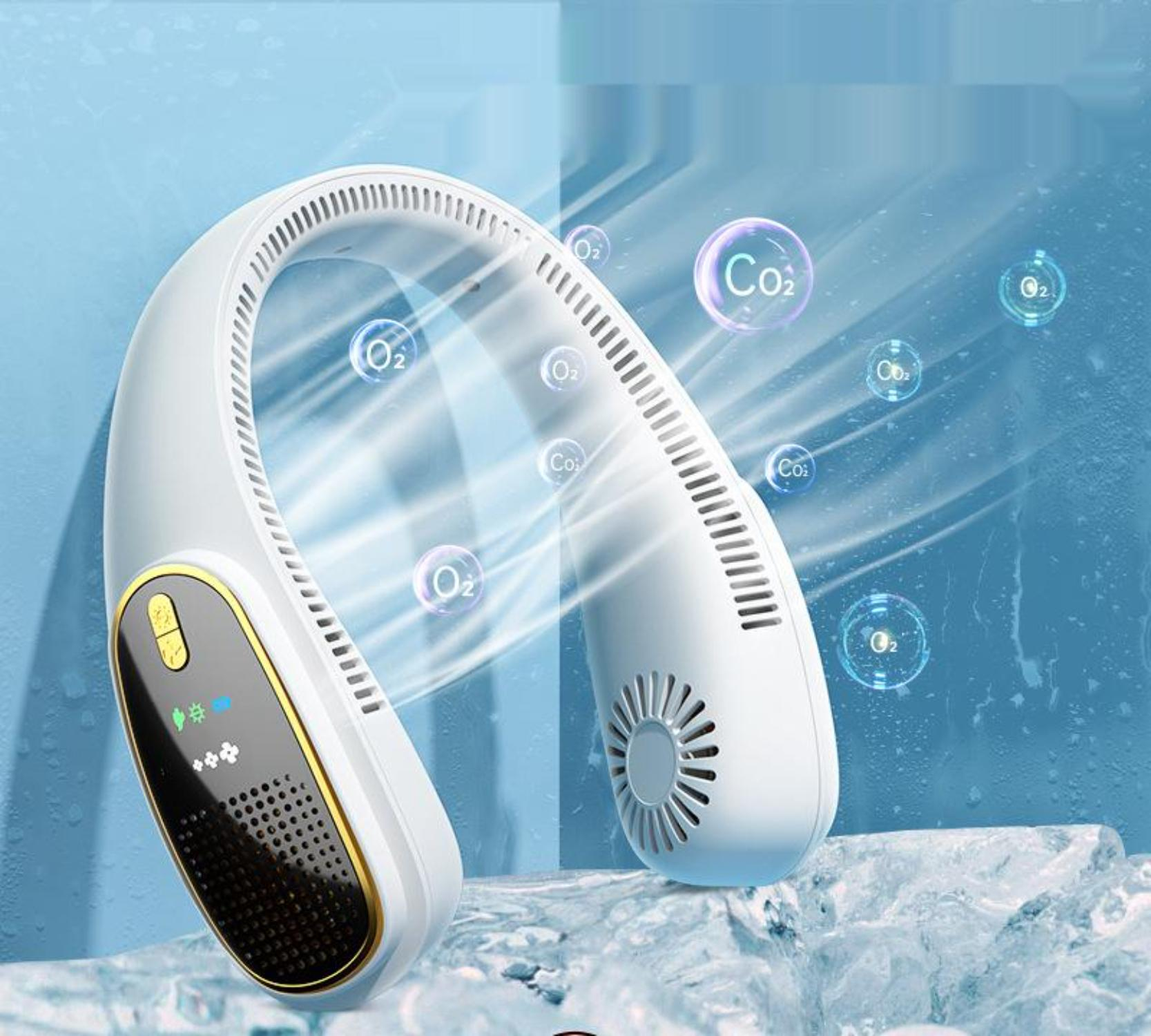 Weißer Nackenventilator mit Digitalanzeige und goldenen Akzenten, mit Co2- und O2-Blasen im Hintergrund.