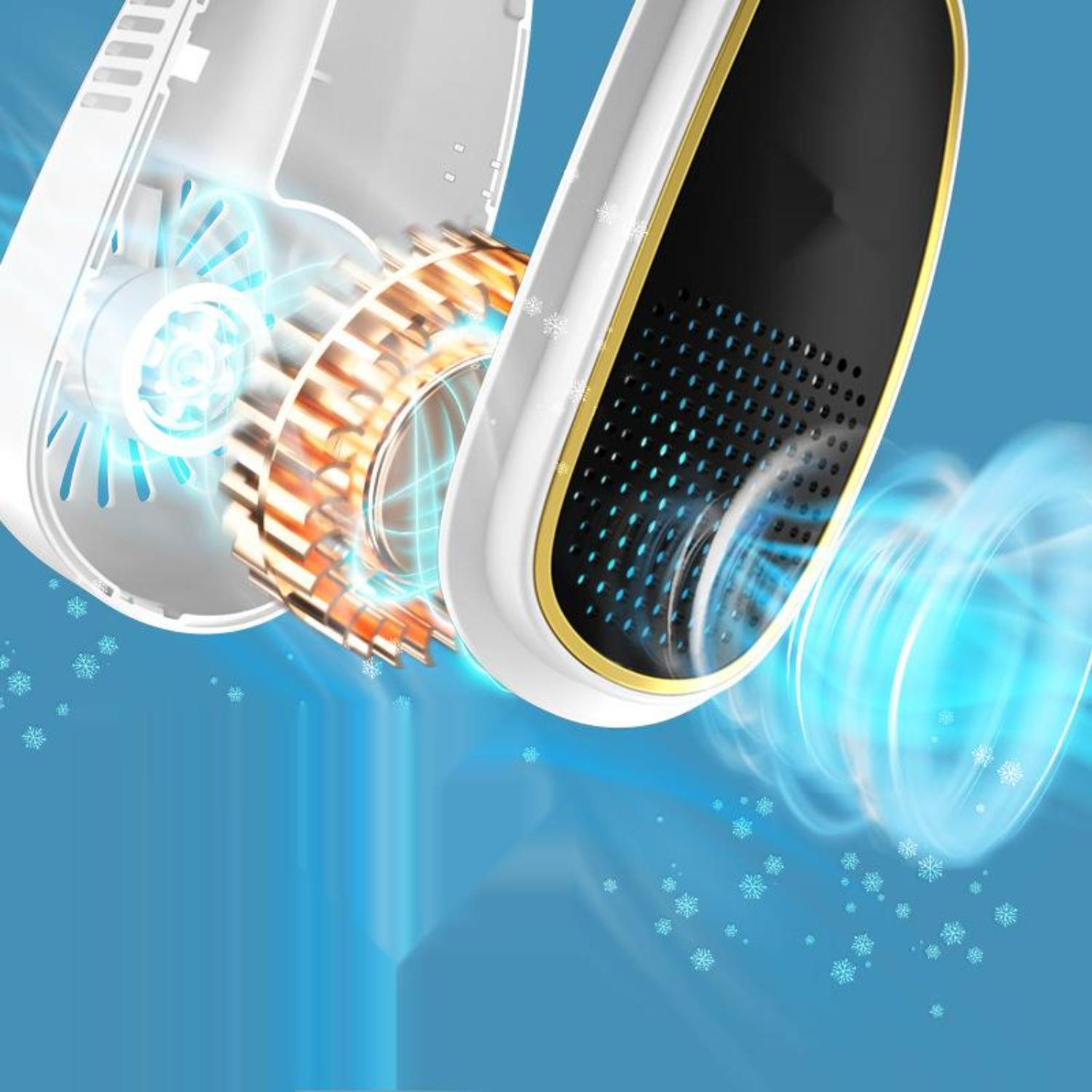 Nahaufnahme des Kühlmechanismus eines weißen und goldenen Nackenventilators.
