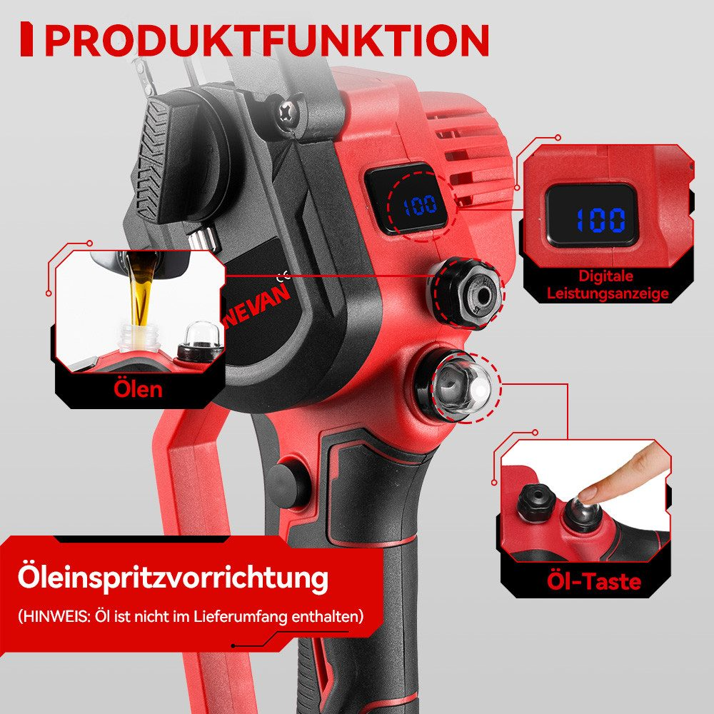 Ein rotes und schwarzes Elektrowerkzeug mit digitaler Anzeige. Text auf Deutsch, zeigt den Ölvorgang und Ölstand.