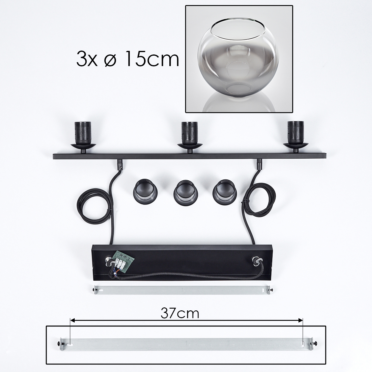 Diagramm einer schwarzen Pendelleuchte mit Abmessungen und einer Glaskugel.