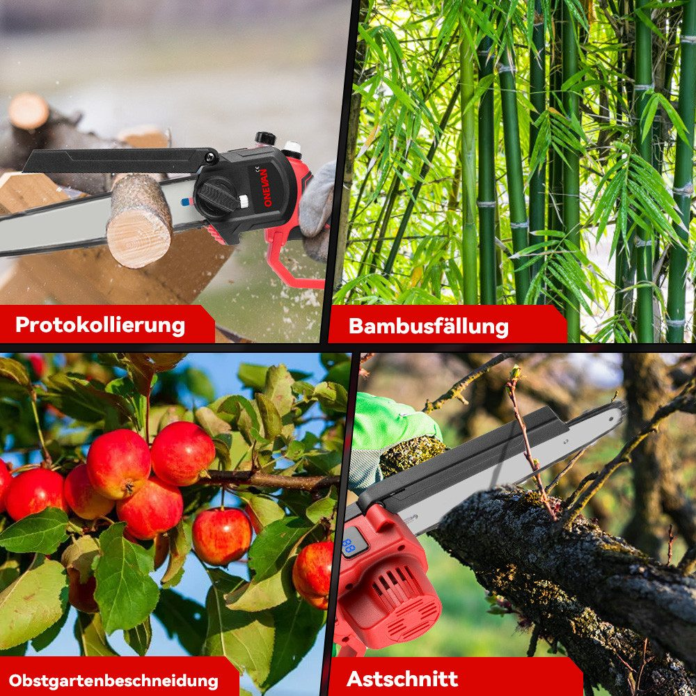 Bild einer roten Kettensäge bei verschiedenen Aufgaben: Beschneiden, Bambusschneiden und Apfelbaumbeschneiden.