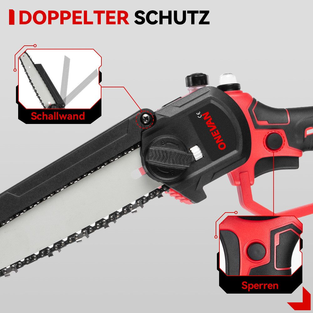 Nahaufnahme einer Kettensäge mit Kennzeichnungen für Schallschutz und Verriegelung, rot und schwarz.