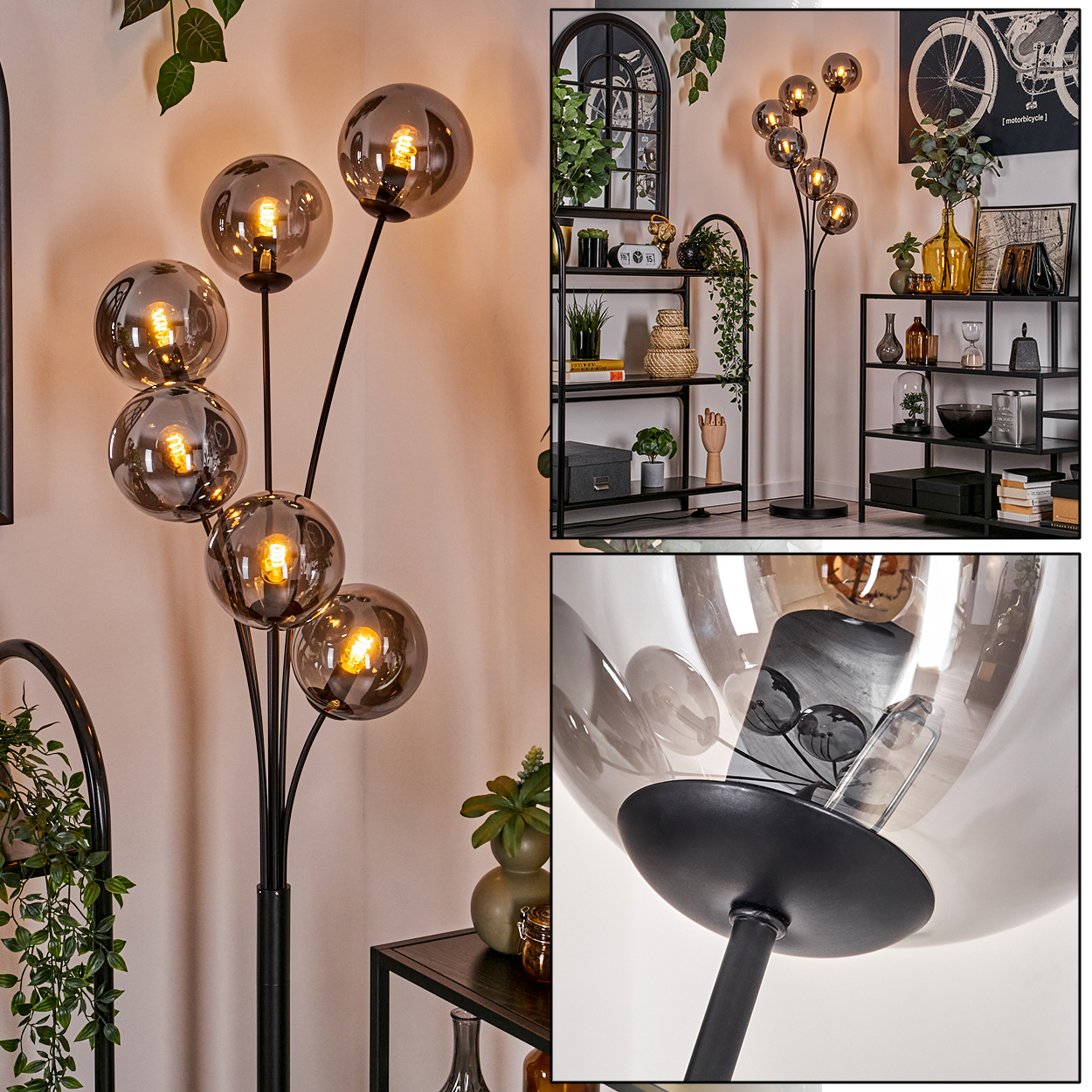 Ein Raum mit Steh- und Deckenleuchten. Die Stehlampe befindet sich rechts. Die Deckenleuchten und Glühbirnen sind sichtbar.