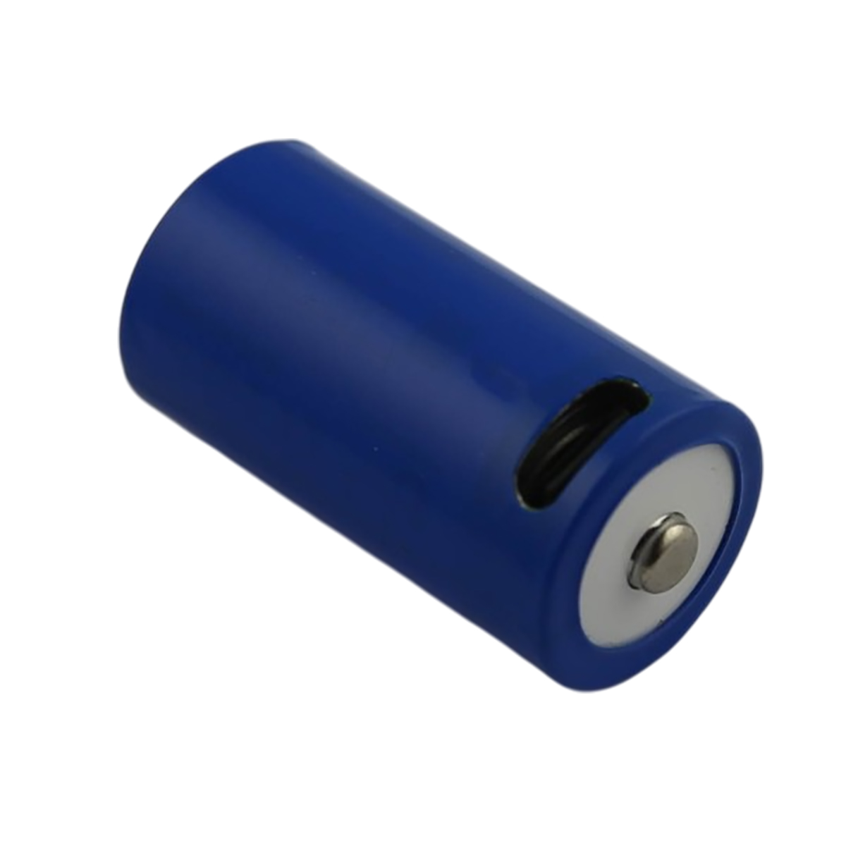 Una batteria cilindrica blu con un foro sulla parte superiore e un'estremità metallica.
