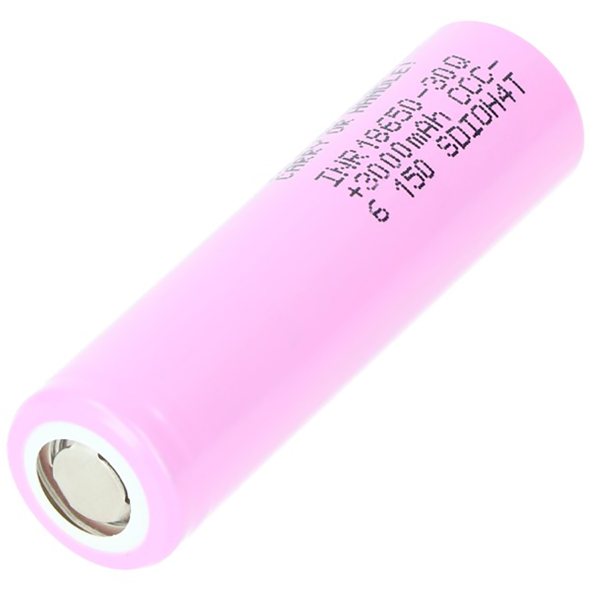 Una batteria cilindrica rosa con testo. È una batteria 18650-3000mAh.