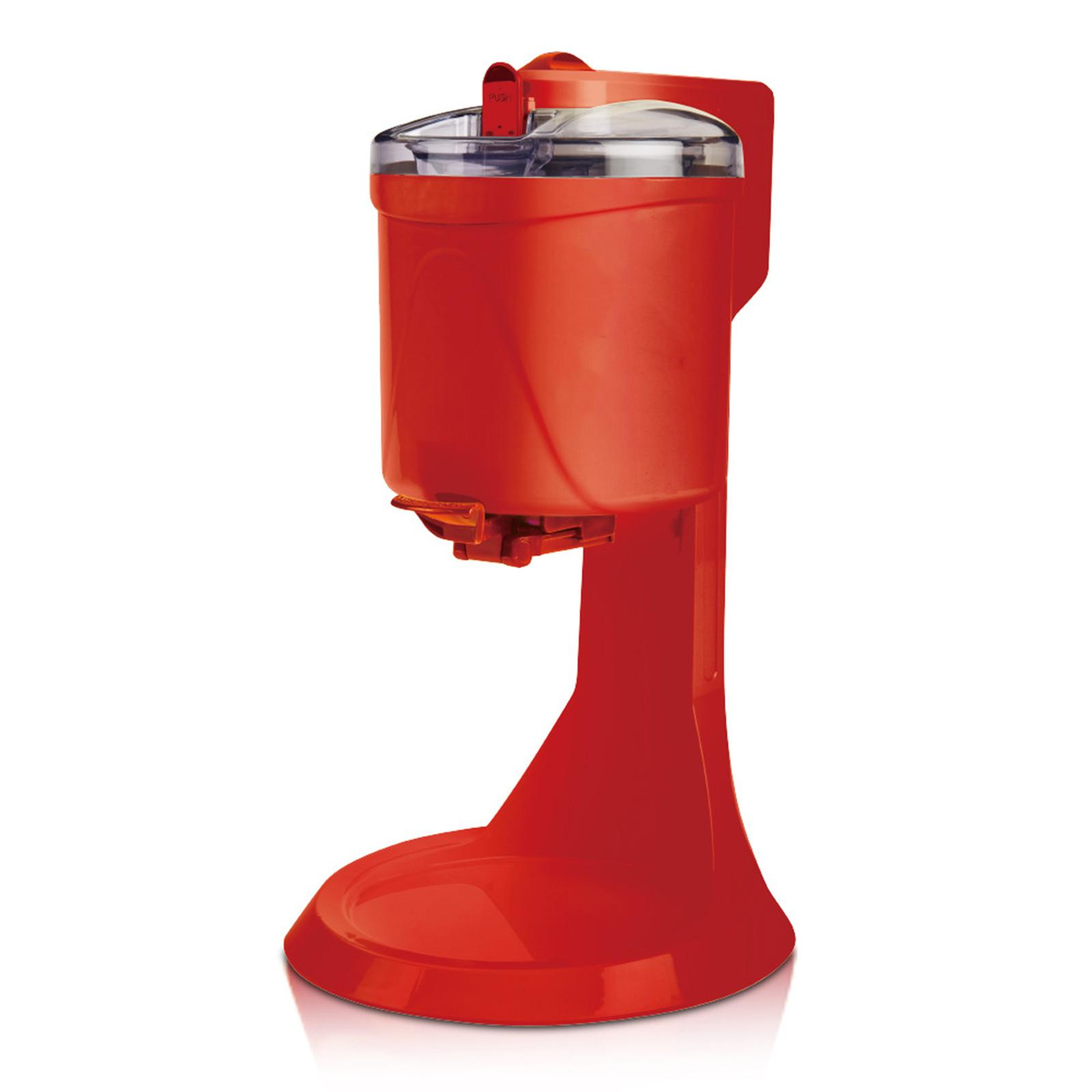 Eine hohe, rote Eismaschine mit durchsichtigem Deckel, vor weißem Hintergrund.