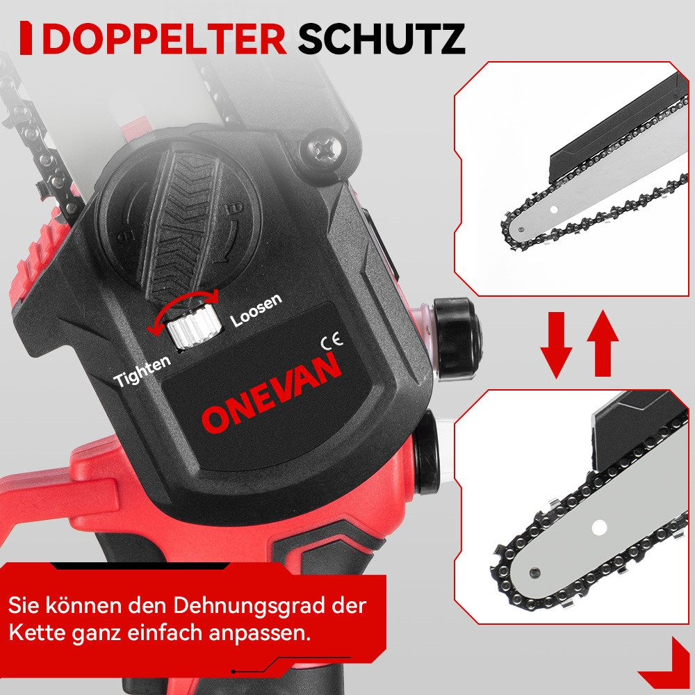 Eine Kettensäge mit roten Akzenten, die Einstellfunktionen im Nahaufnahme zeigt.