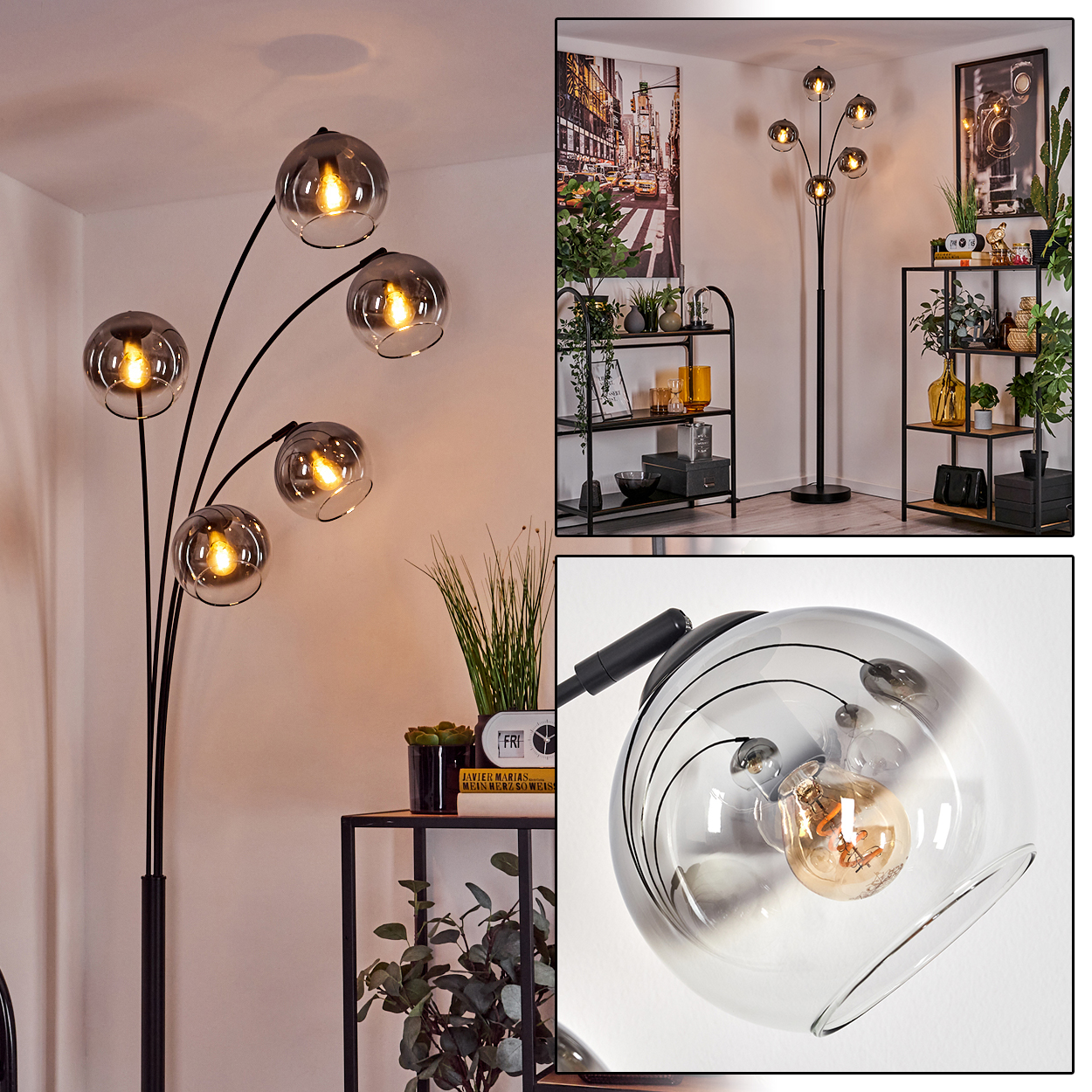 Mehrere Ansichten einer Lampe mit mehreren Glaskugeln. Die Szene zeigt weitere Möbel und Gegenstände in einem Raum.