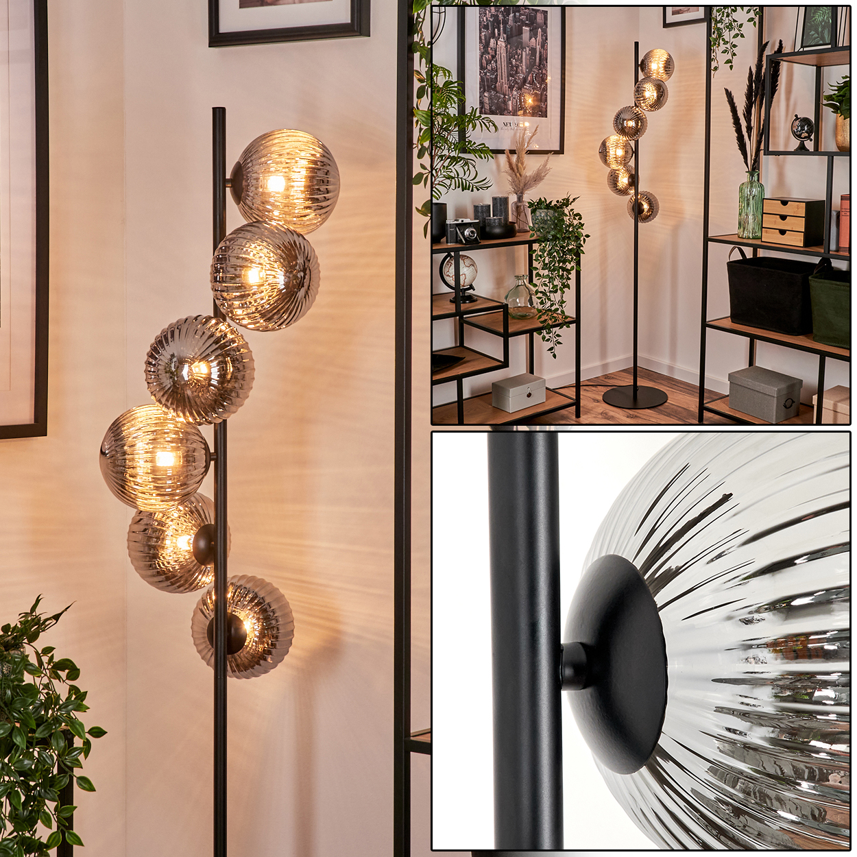 Wohnzimmer mit Stehlampe, Regalen und Dekoration.