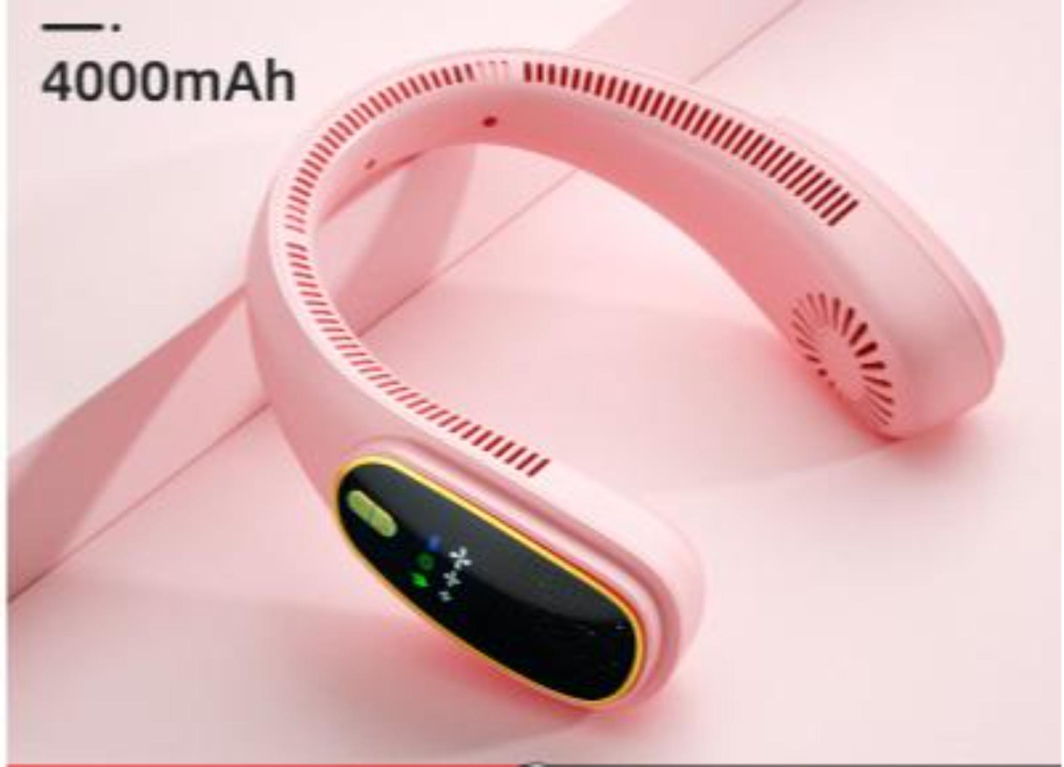 Ein rosa Halsventilator mit Digitalanzeige für die Akkulaufzeit. Es zeigt 4000 mAh.