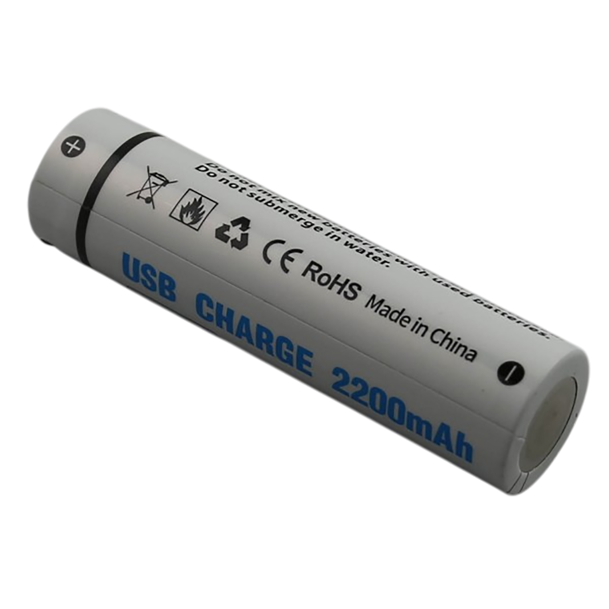 Una batteria ricaricabile USB bianca con USB CHARGE e 2200mAh scritti sopra. Testo nero sul lato.
