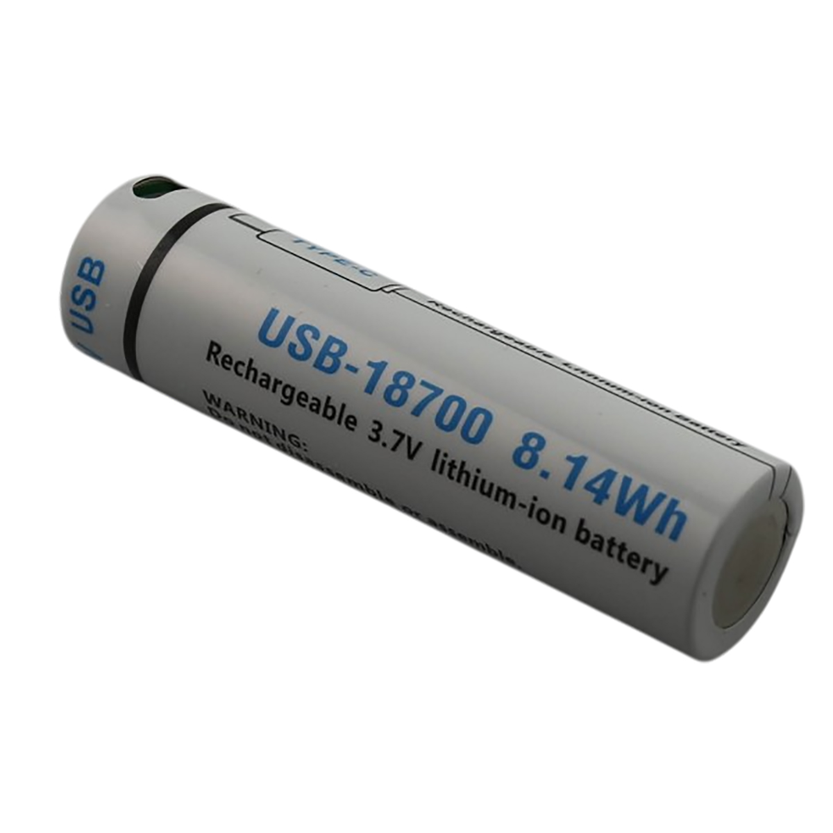 Una batteria ricaricabile USB-18700 bianca. Ha testo sulla batteria agli ioni di litio ed etichette di avvertimento.